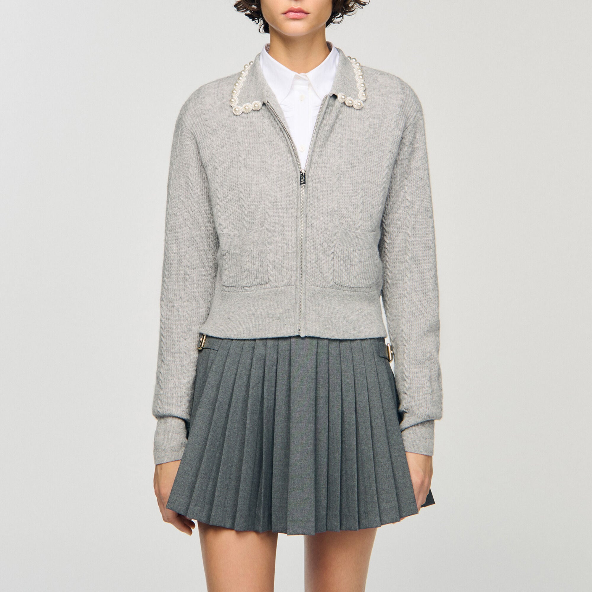 Cardigan zipp&eacute; &agrave; col perl&eacute; - Femme | Sandro Paris