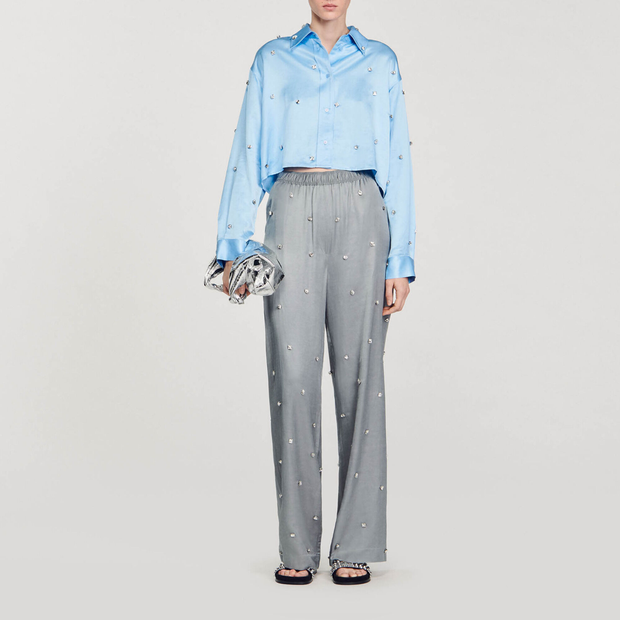 Chemise satinee ornee de strass bleu pour femme Sandro Paris