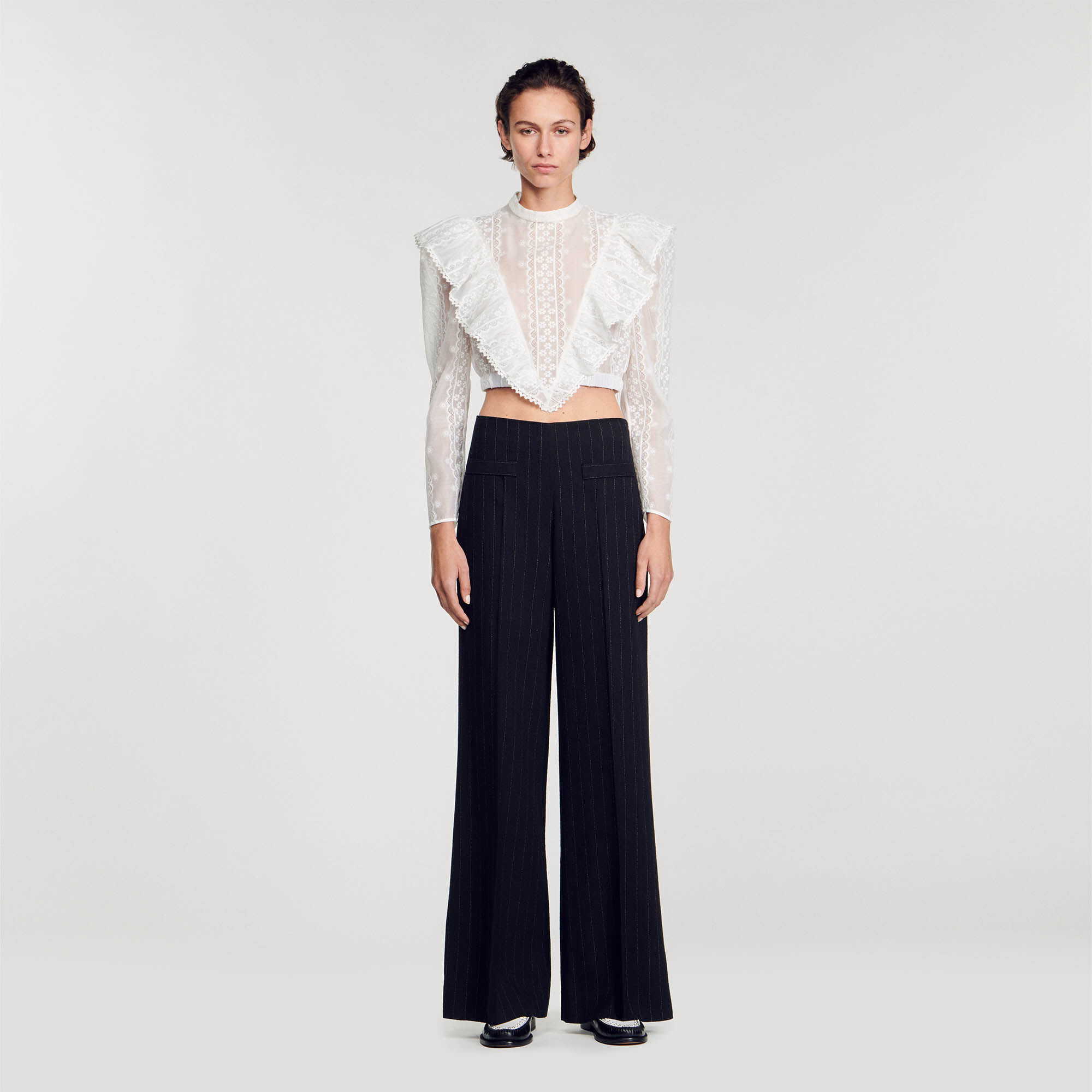 Pantalon de costume large a rayures gris noir pour femme Sandro Paris