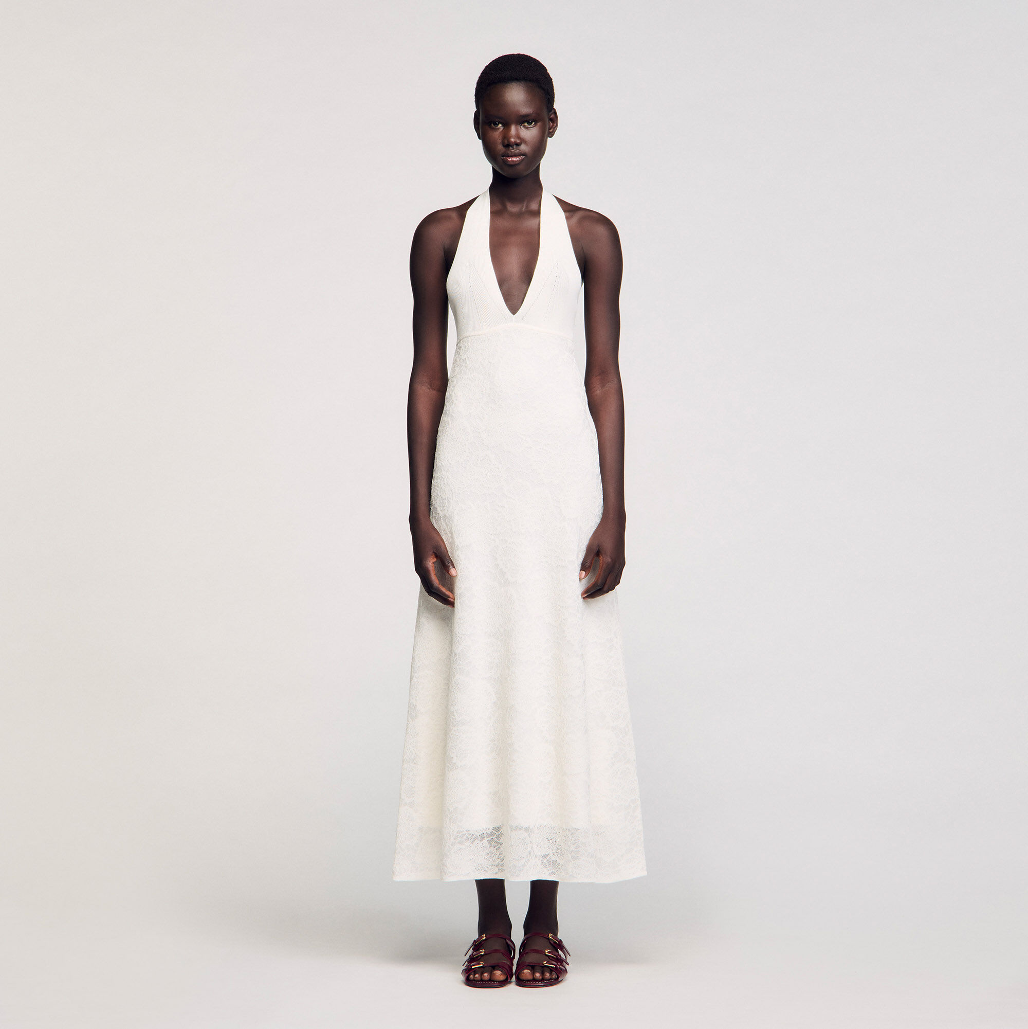 Robe longue en maille beige pour femme | Sandro Paris