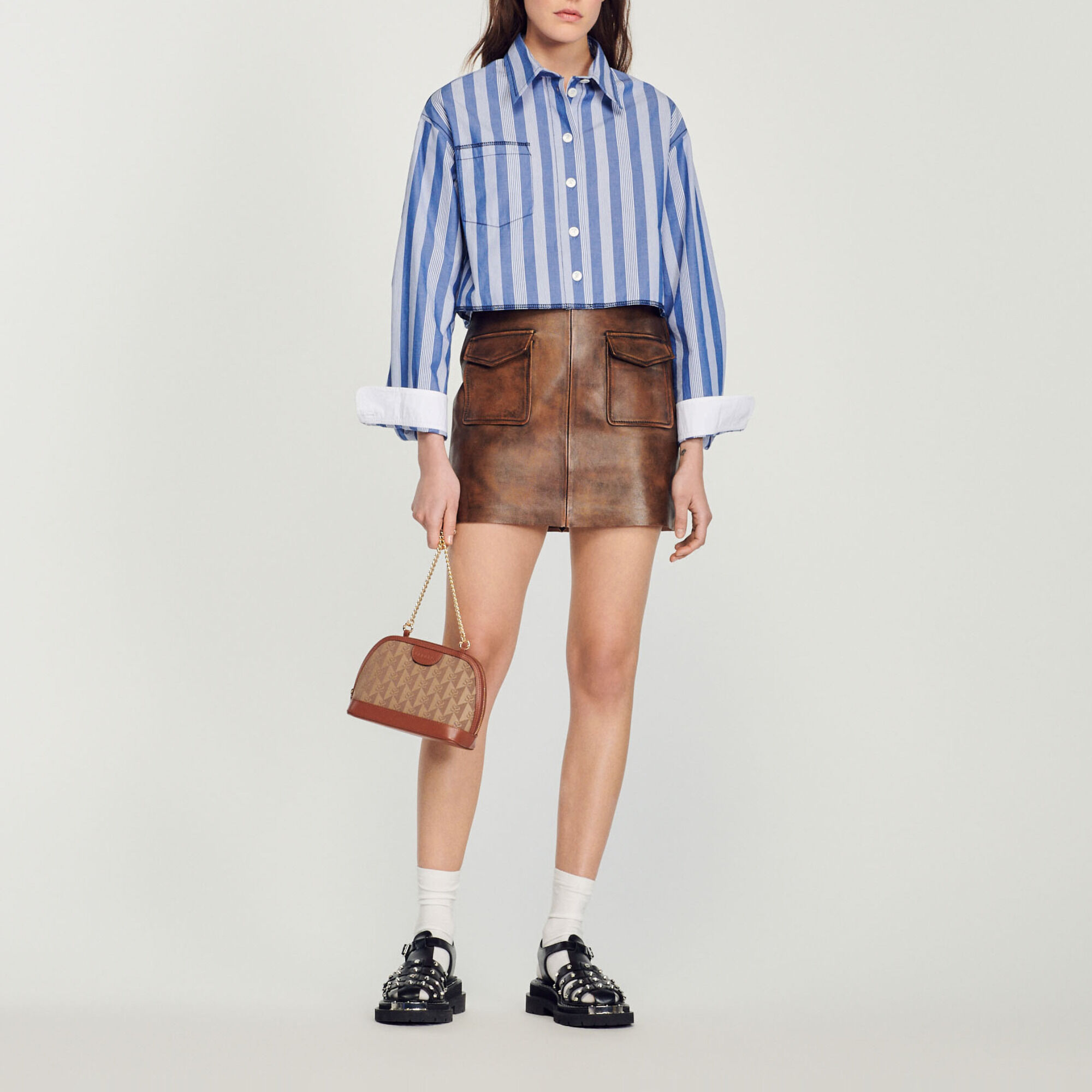 Jupe courte en cuir vieilli Brown Women Sandro Paris