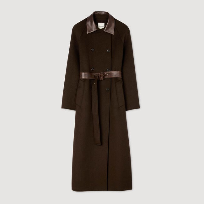 Manteau long en laine et cuir
