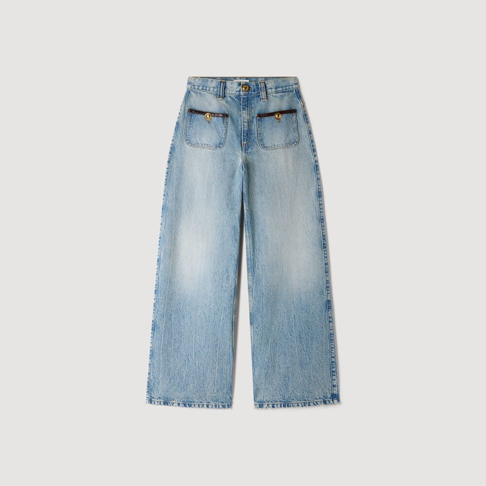 Sandro Jean droit à détails cuir – Bleu jean – vue 6