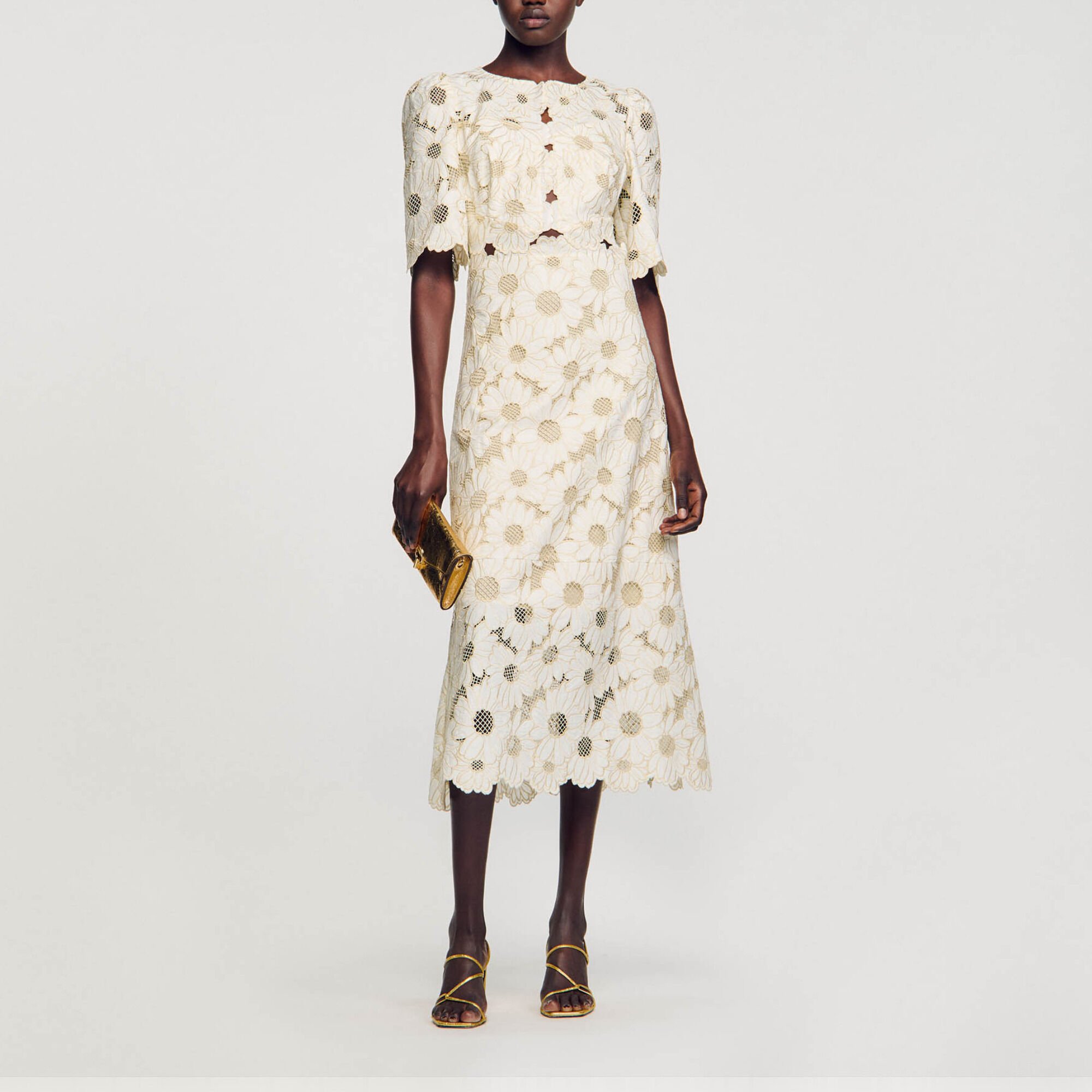 Robe longue brodee beige pour femme Sandro Paris