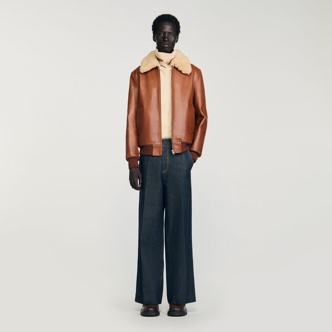 Blouson en cuir à col fourré