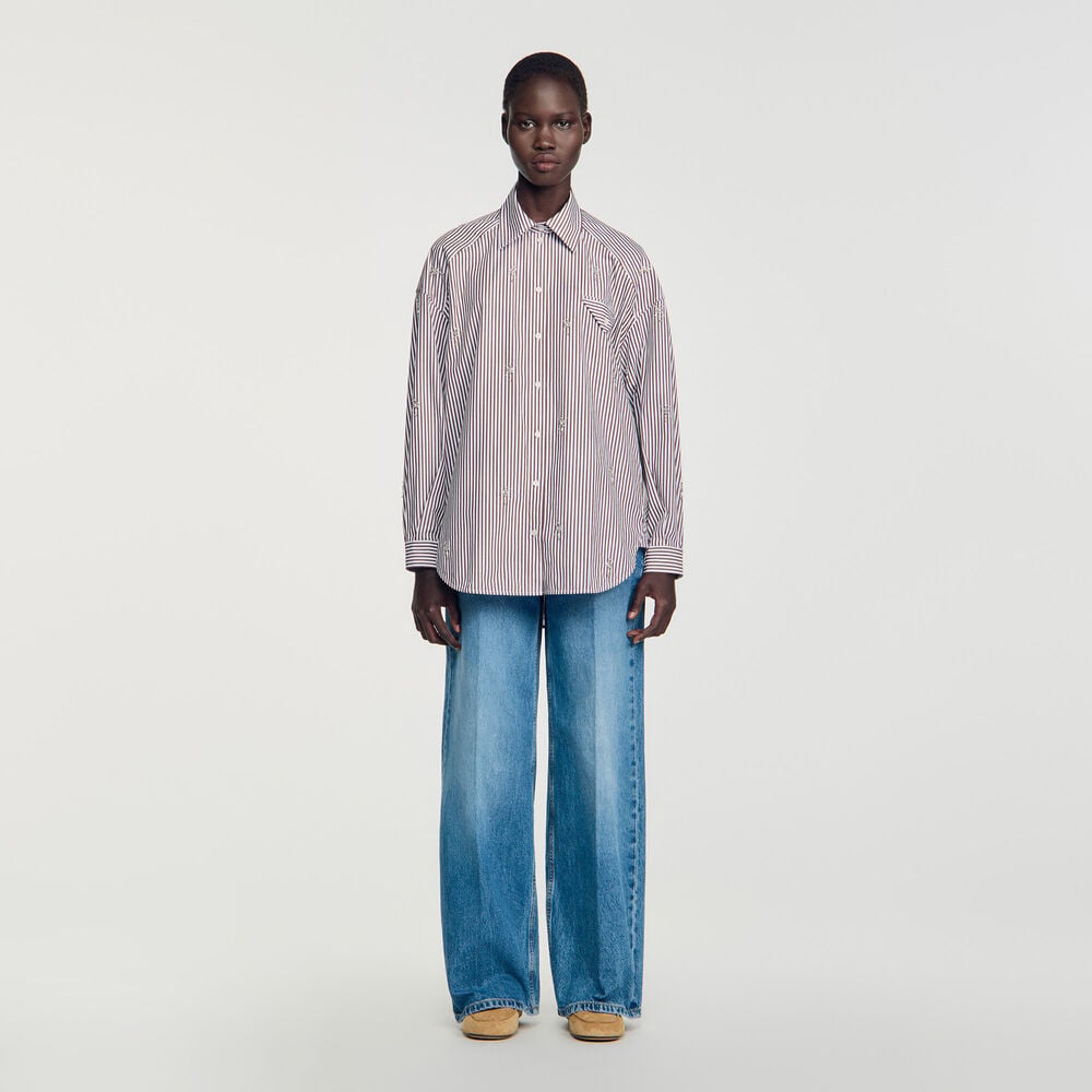 Sandro Chemise oversize à rayures strassée – Marron – vue 2