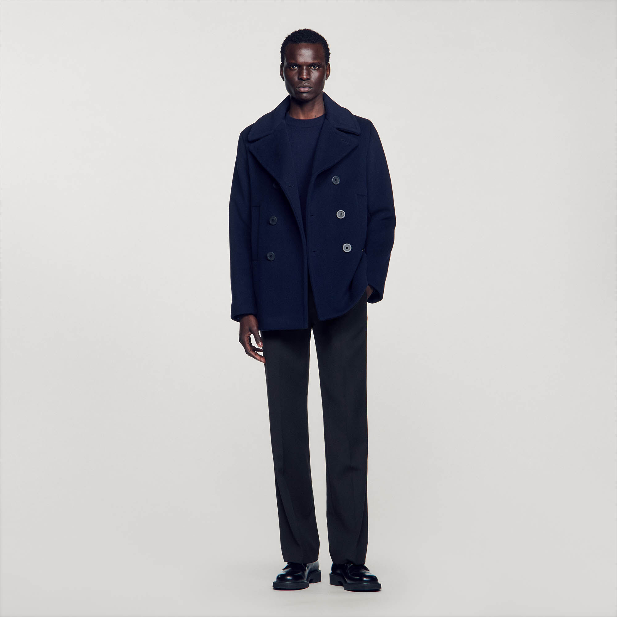 Manteau droit en laine melangee bleu pour homme Sandro Paris