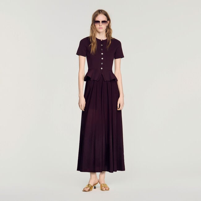 Robe longue en maille &agrave; basque - Femme | Sandro Paris