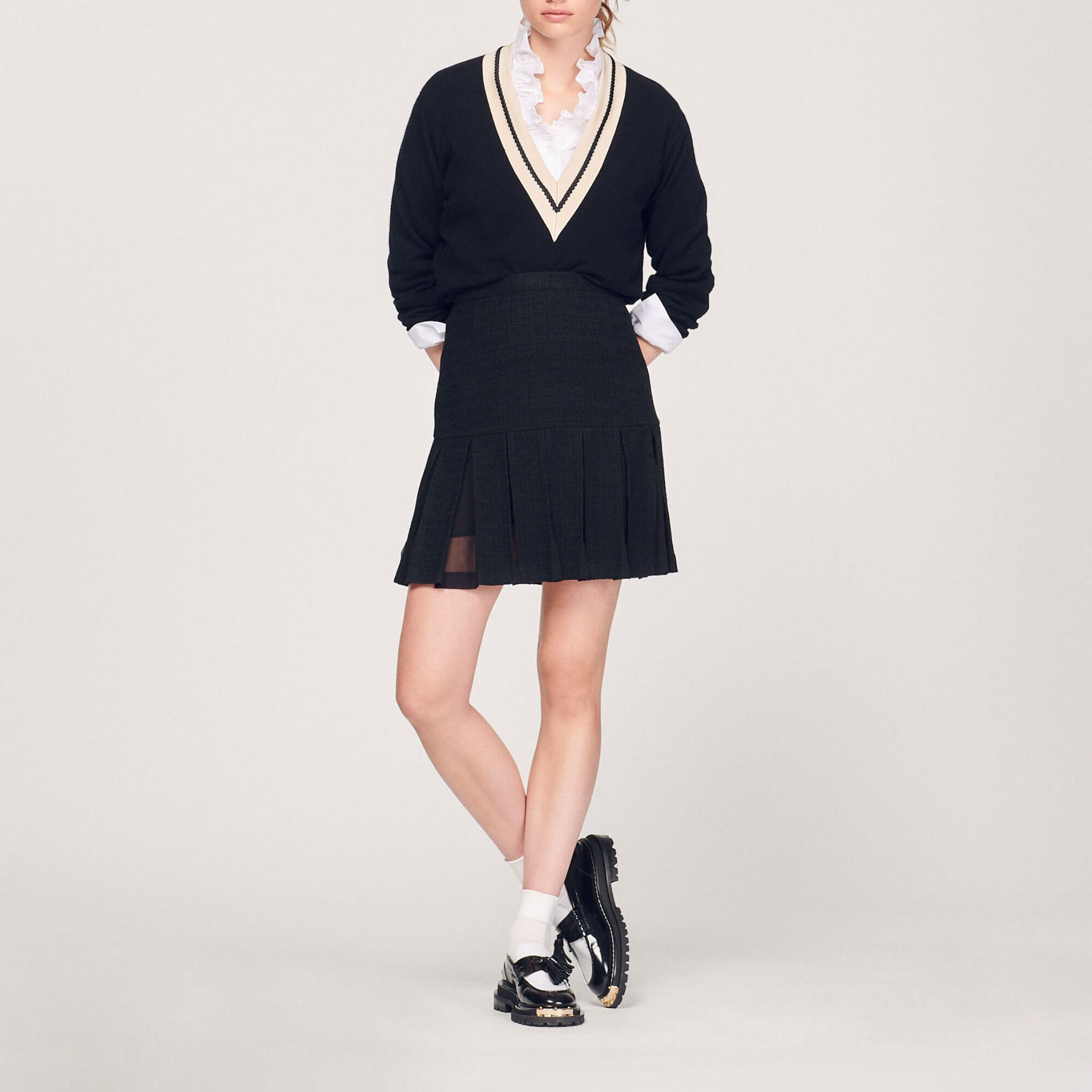 Jupe en tweed a plis Black Gray Women Sandro Paris