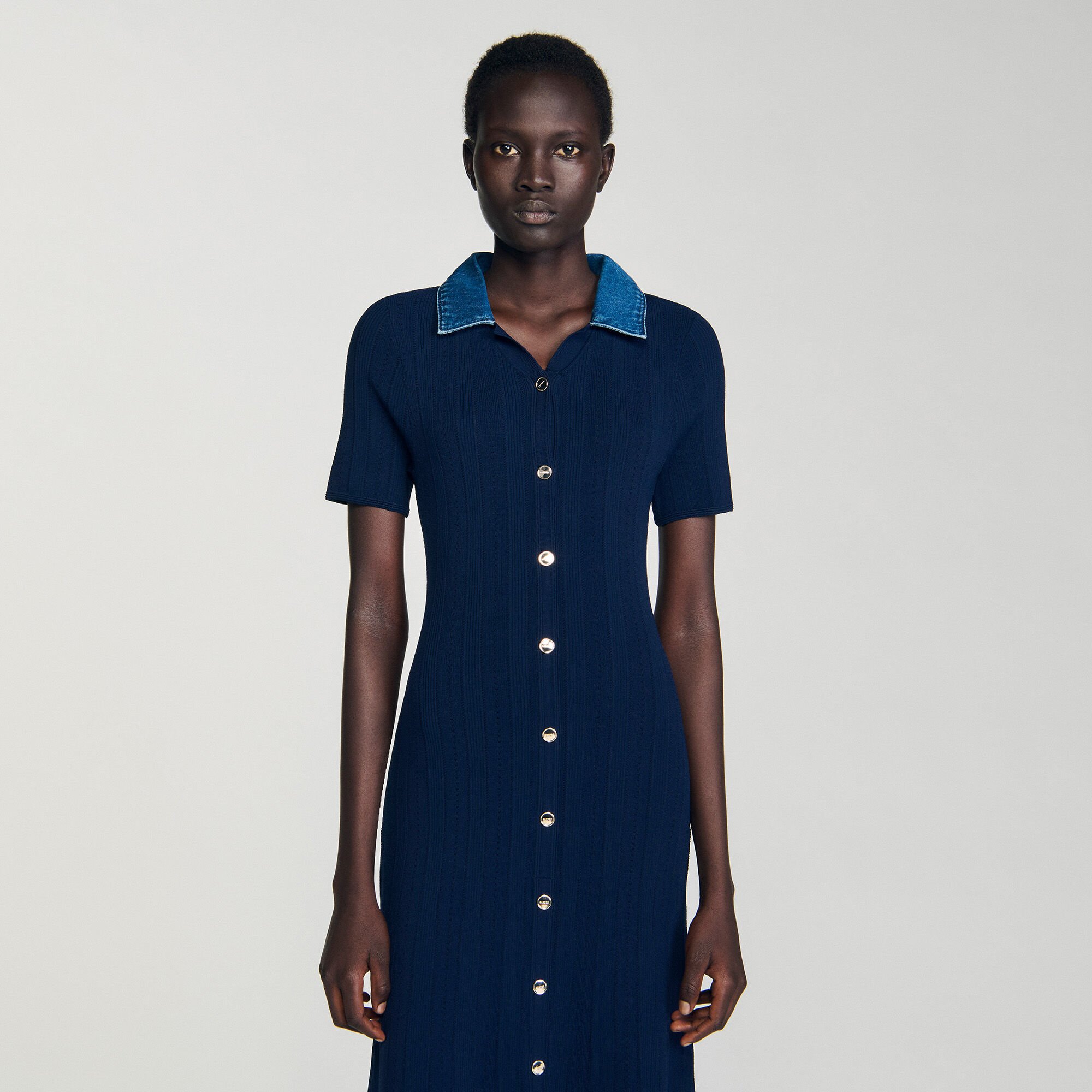 Robe longue maille col denim