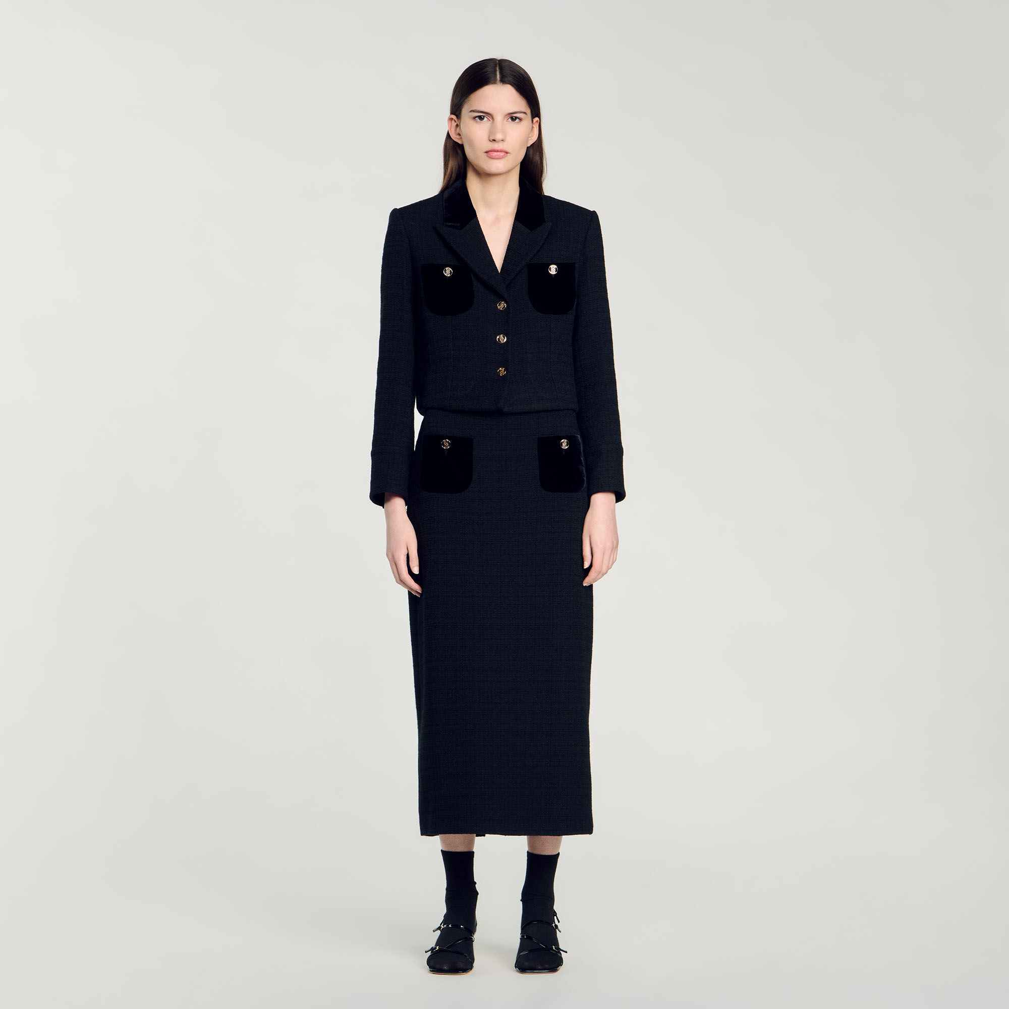 Veste courte en tweed velours Black / Gray | Sandro Paris