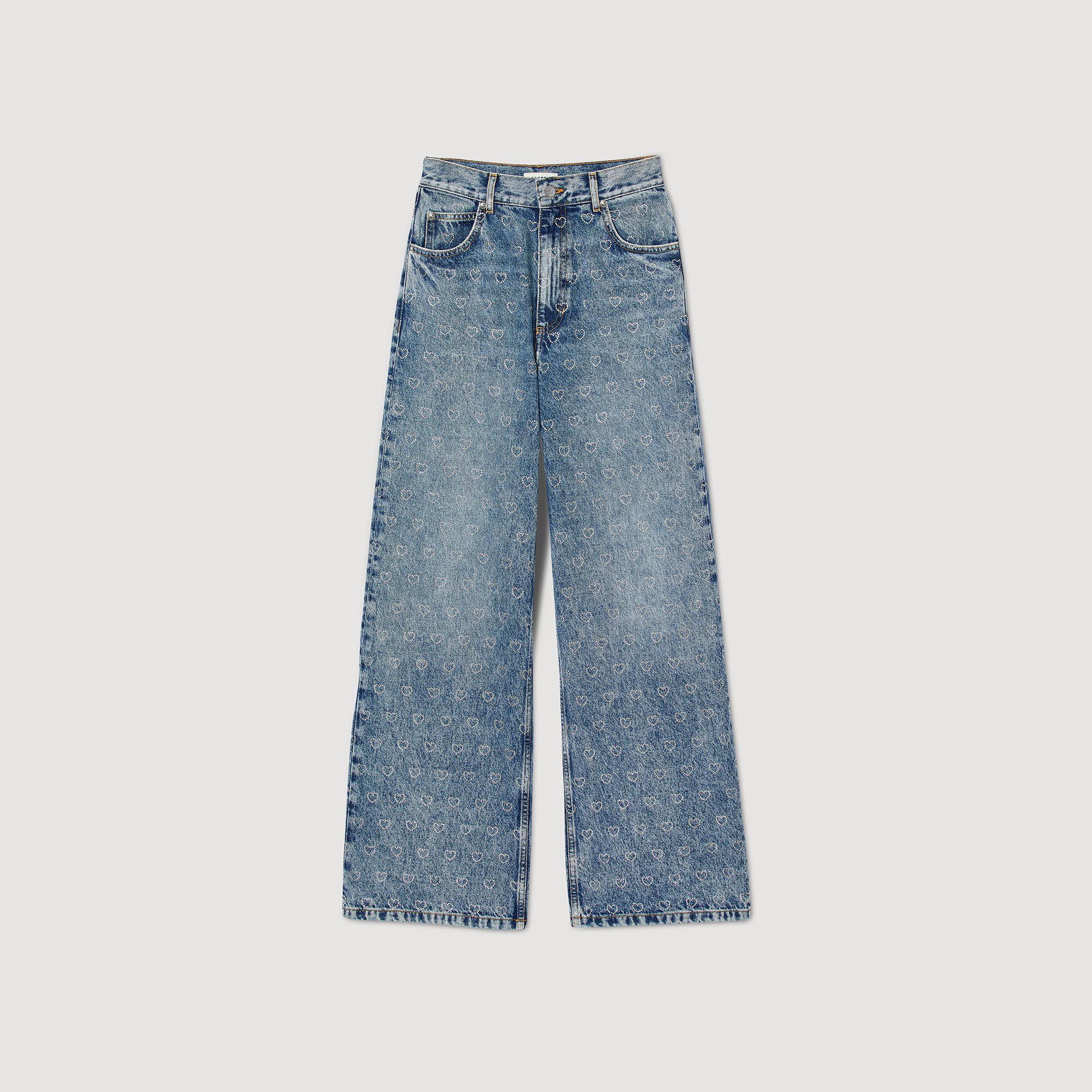 Jean Femme Sandro Slim Crop Gris Délavé Acid Wash - Taille L - Avec Strass Et Clous