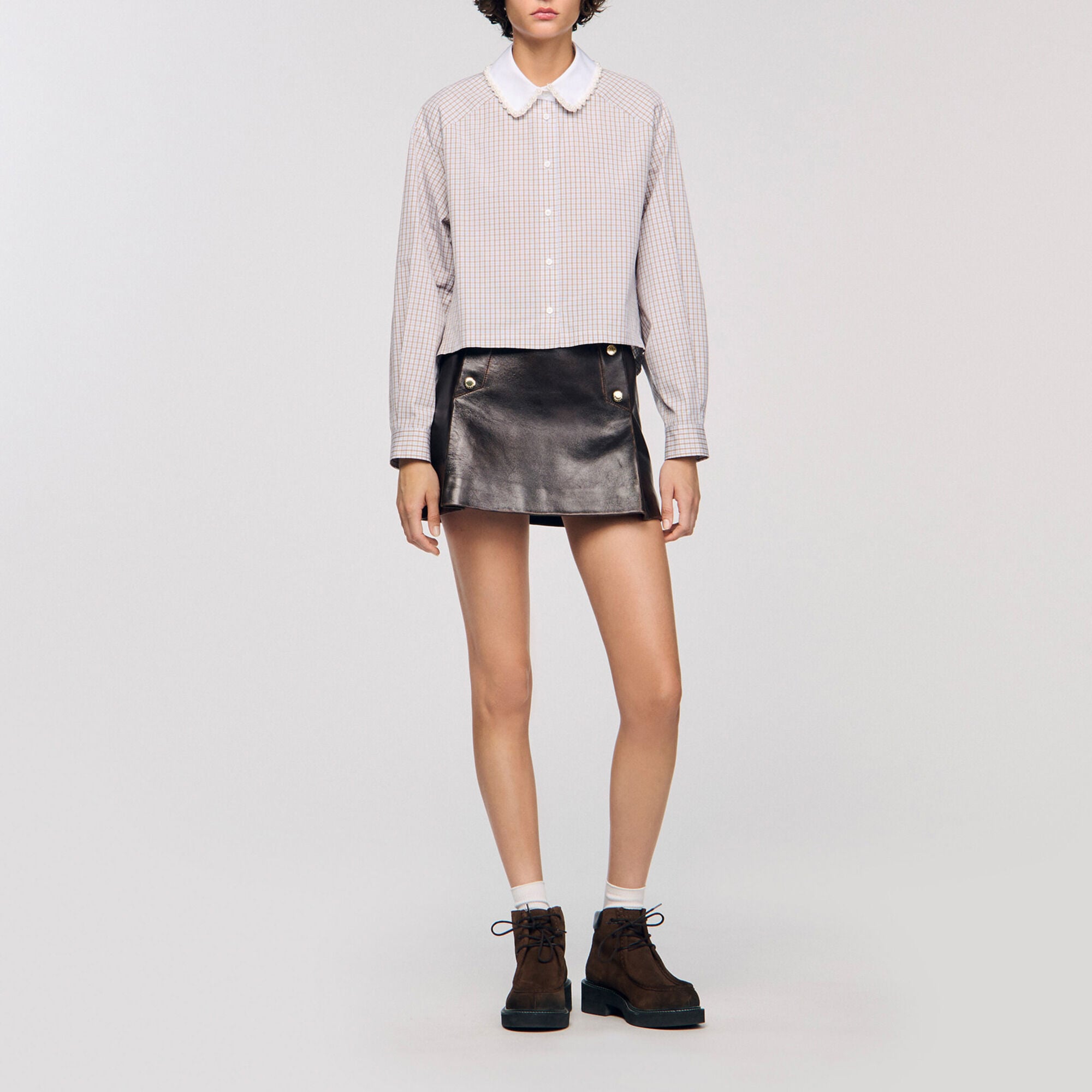 Chemise &agrave; carreaux et col perl&eacute; - Femme | Sandro Paris