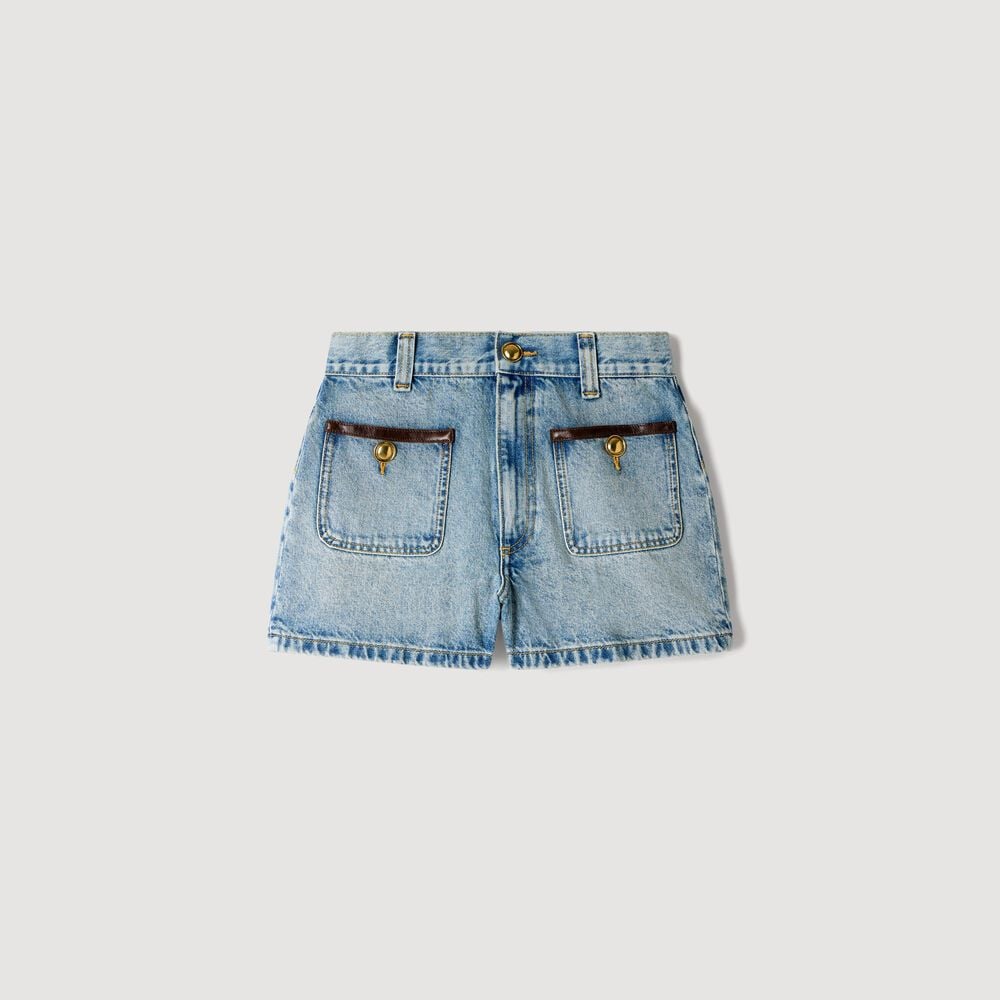 Sandro Short en jean détail cuir – Bleu jean – vue 6