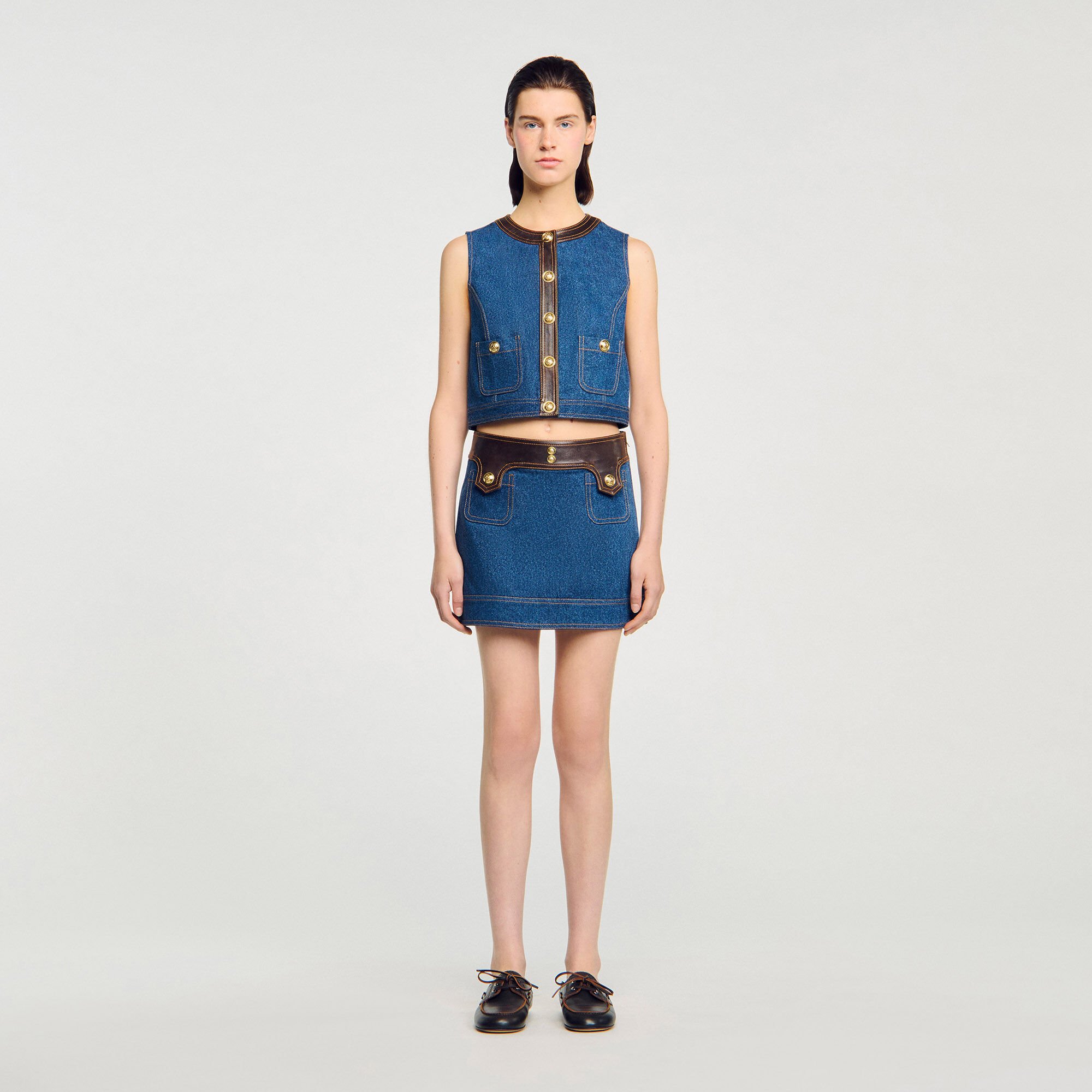 Top en denim et cuir