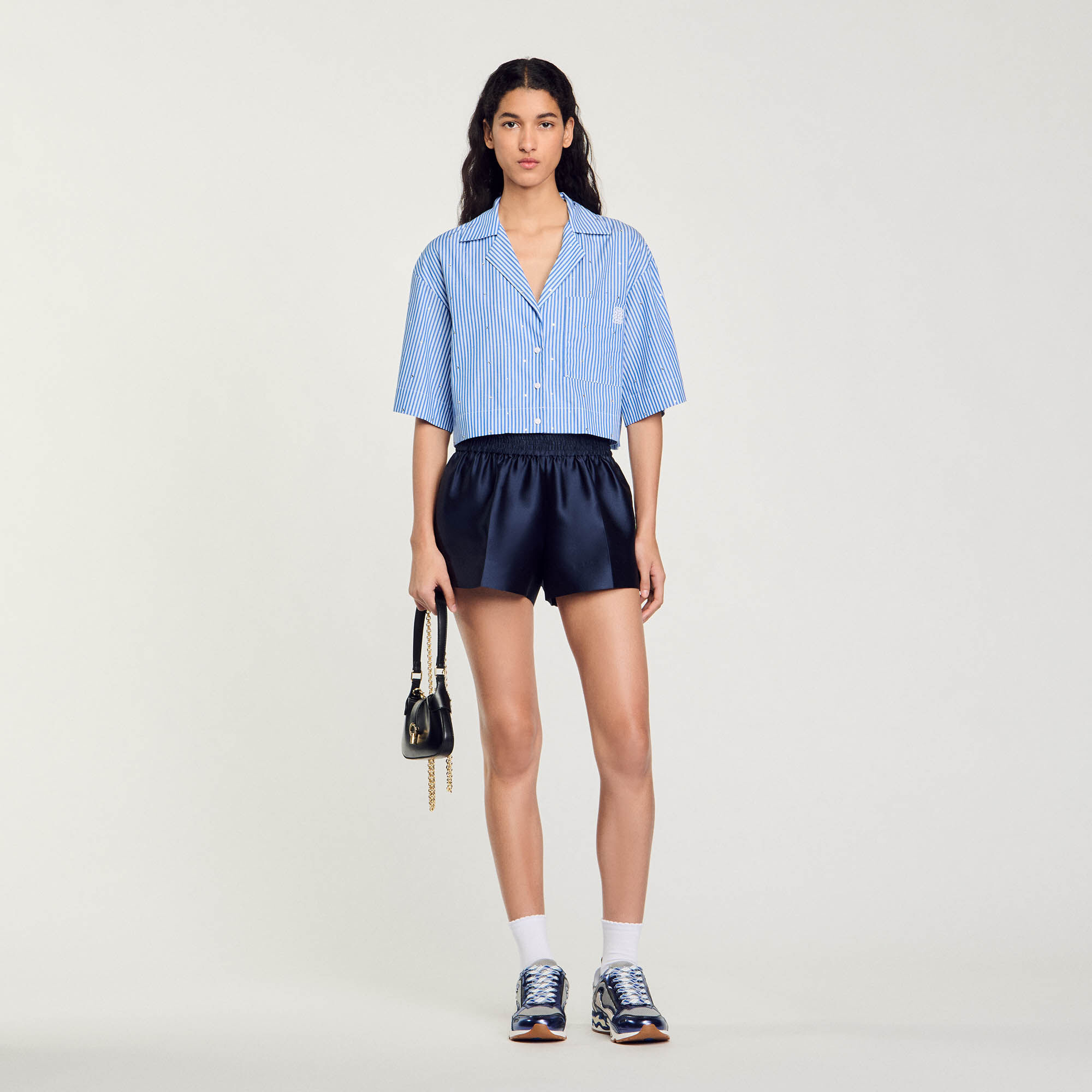 Chemise strassee a manches courtes Blue Sandro Paris