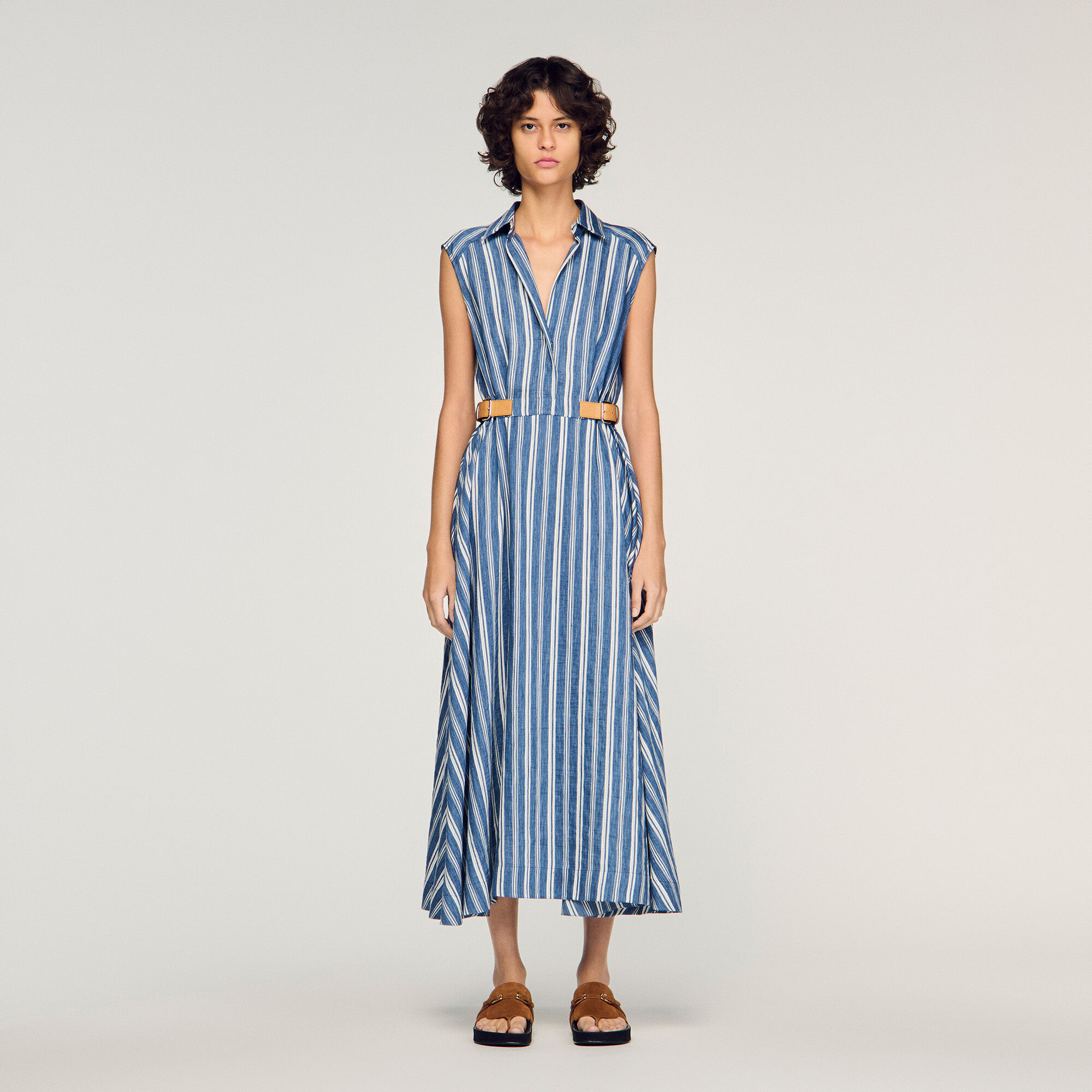 Robe longue &agrave; rayures et patte cuir