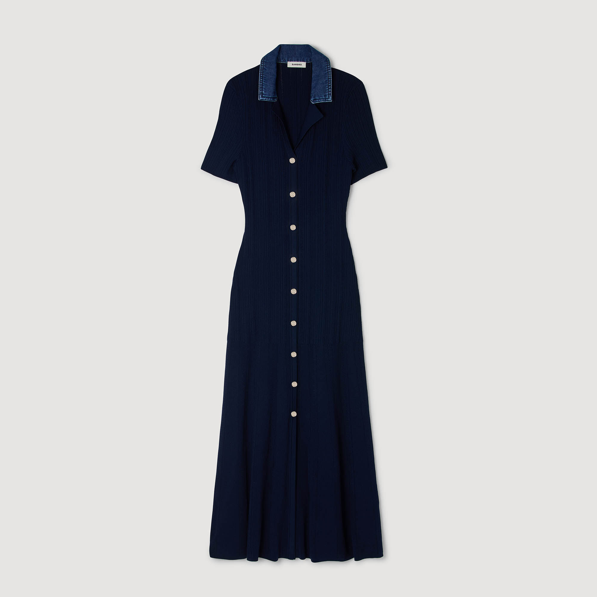 Robe longue maille col denim
