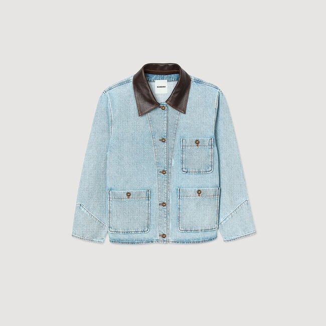 Blouson en jean à col en cuir
