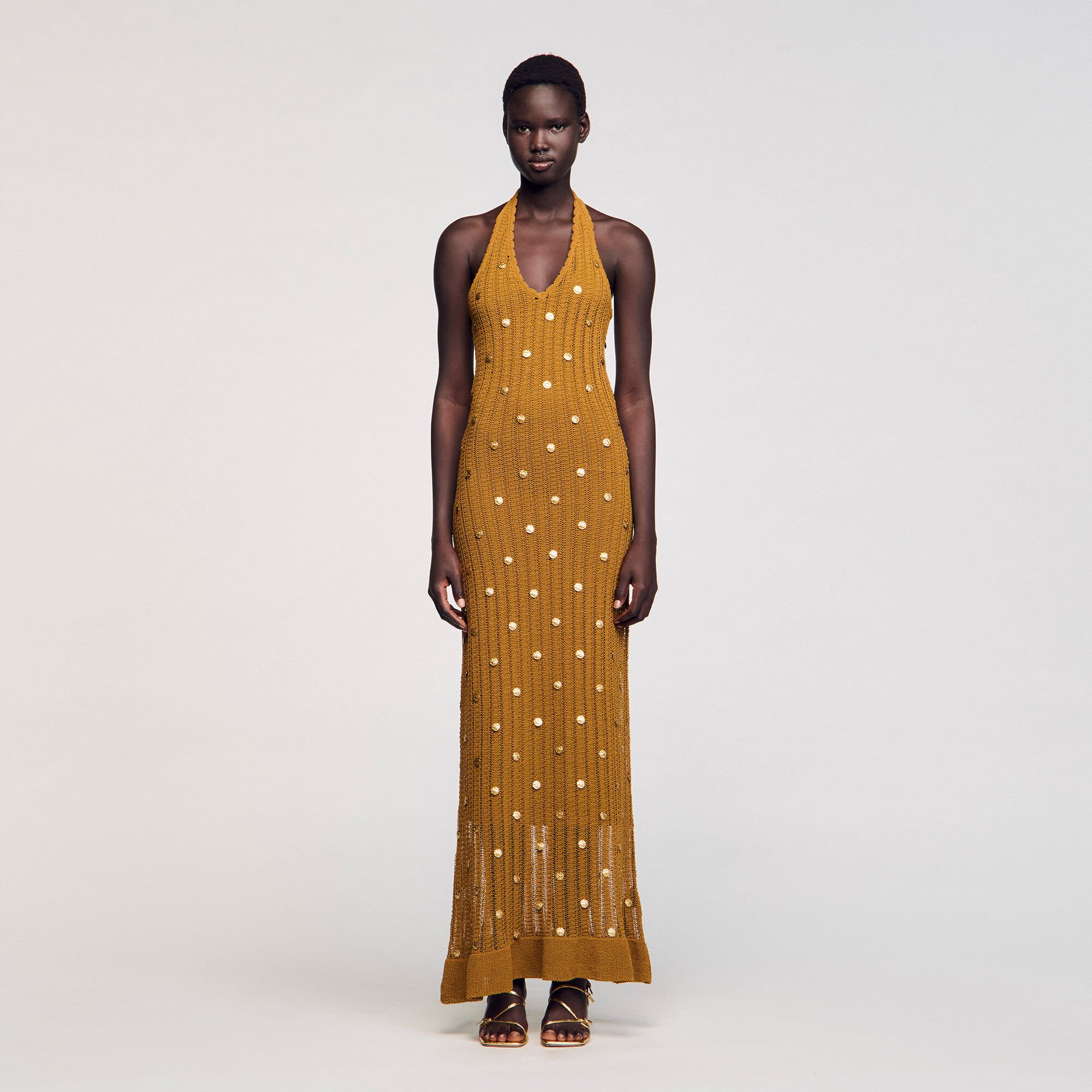 Robe longue en maille à pampilles