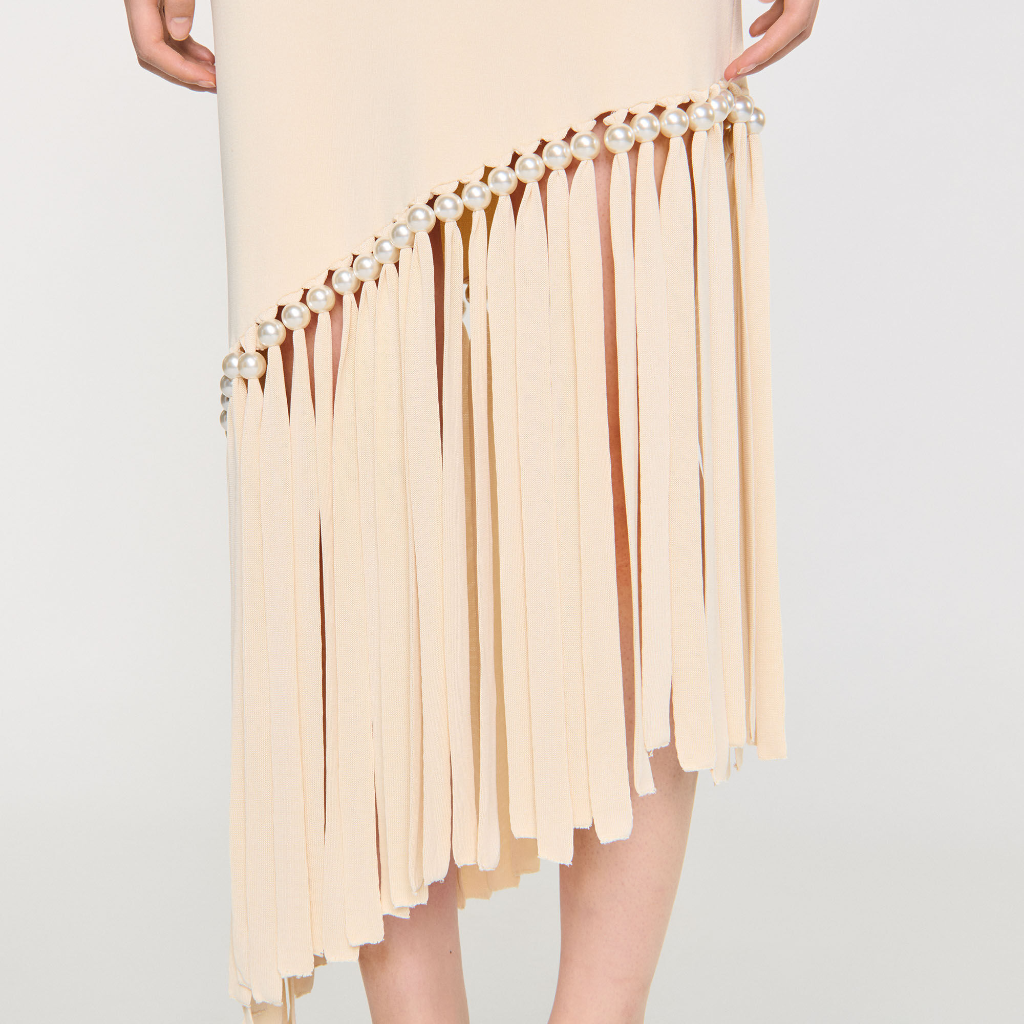 sandro★ROBE LONGUE EN MAILLE PERLEE ワンピース Pearl bead knit maxi dress white / beige For Women | Sandro
