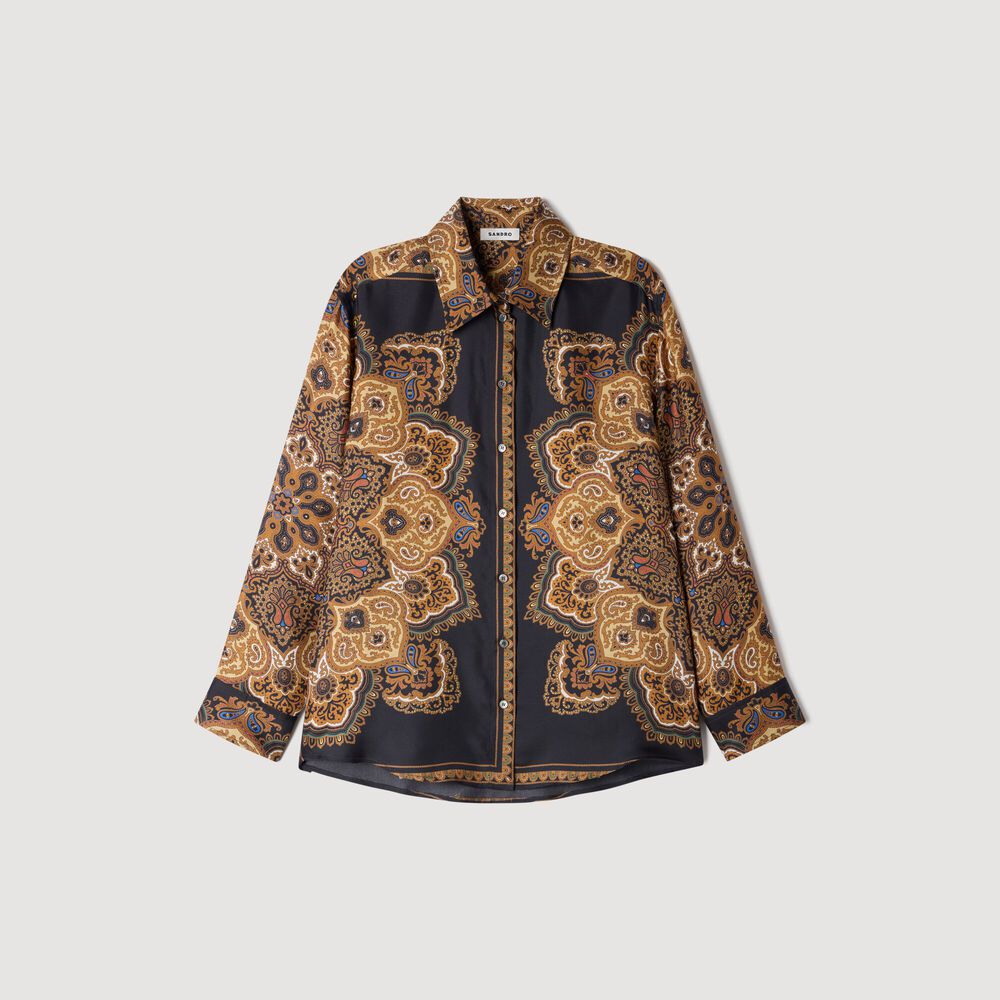 Sandro Chemise en soie imprimé foulard – Noir / Ocre – vue 6