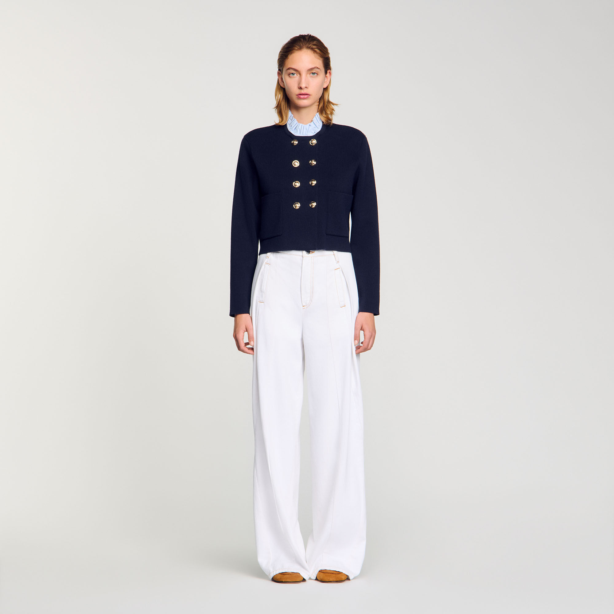 Cardigan à col volanté amovible