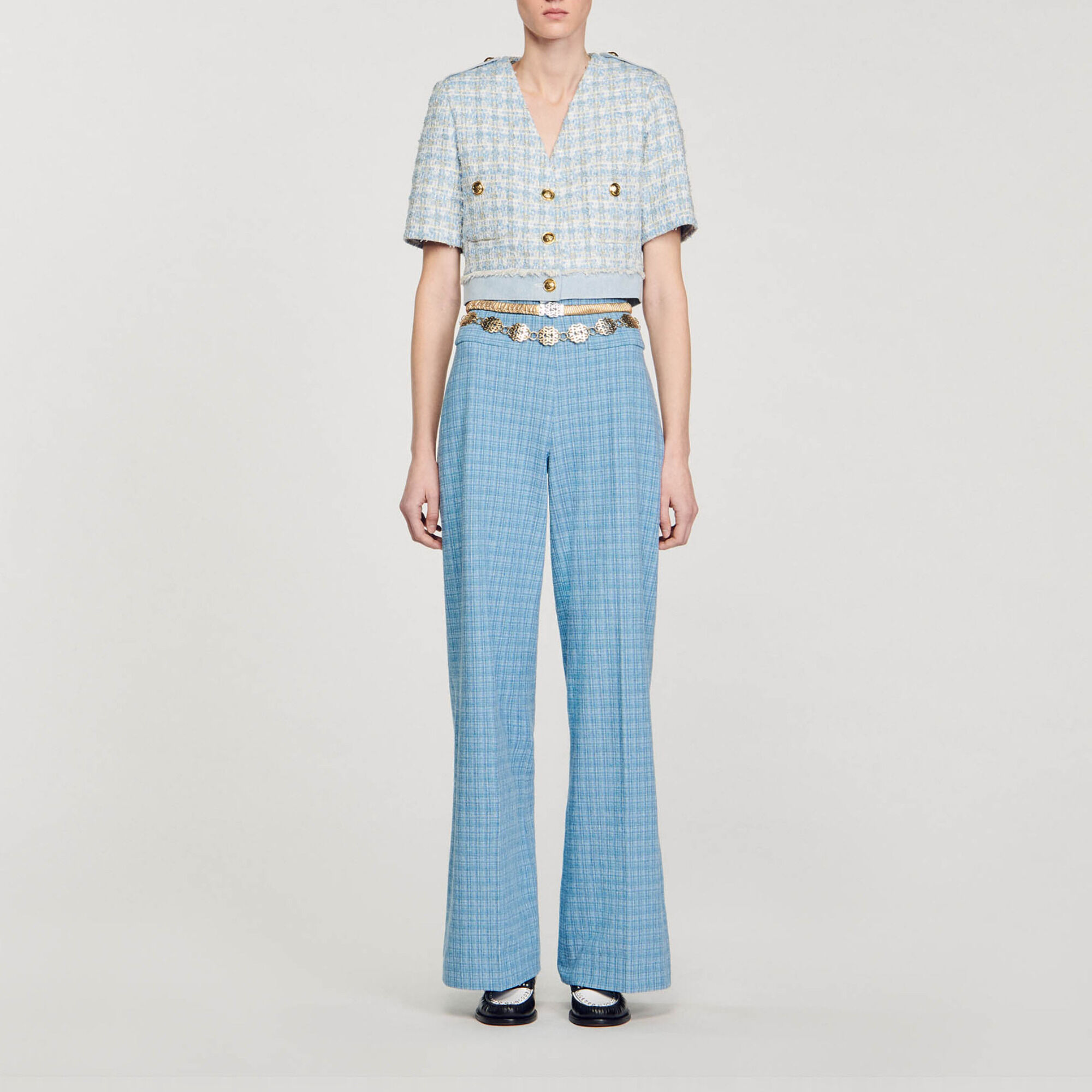 Pantalon de costume large en tweed bleu pour femme Sandro Paris