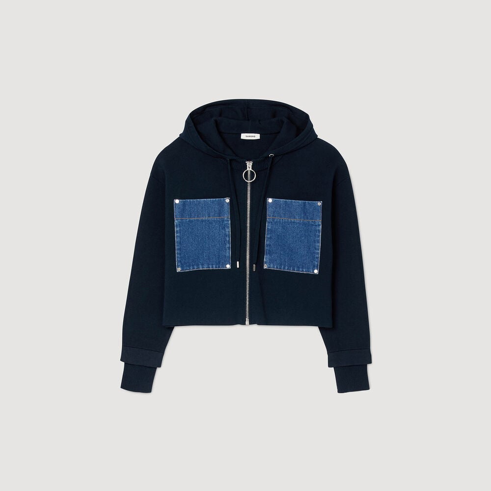 Sandro Sweatshirt en maille et denim – Marine – vue 6