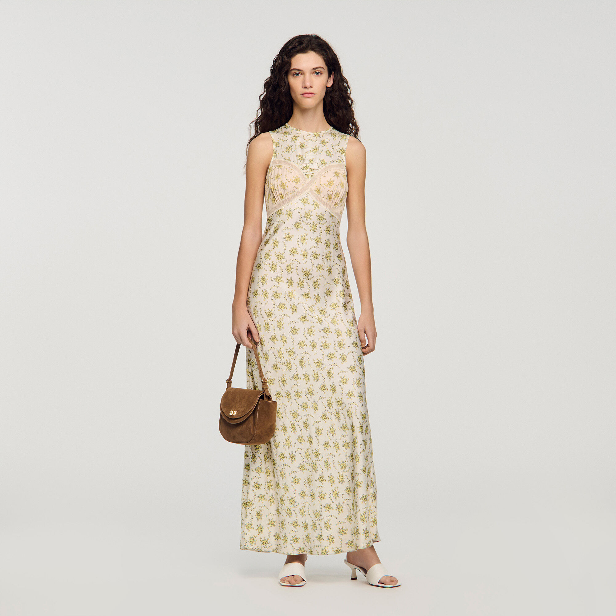 Robe longue à imprimé fleur beige pour femme | Sandro Paris