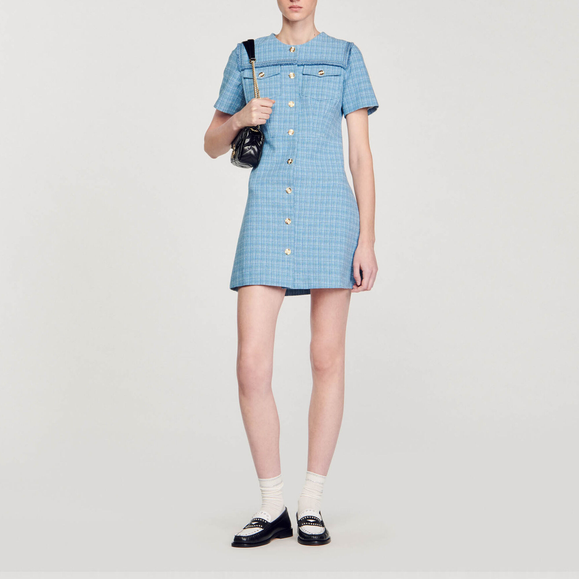 Robe courte boutonnee en tweed Blue Sandro Paris