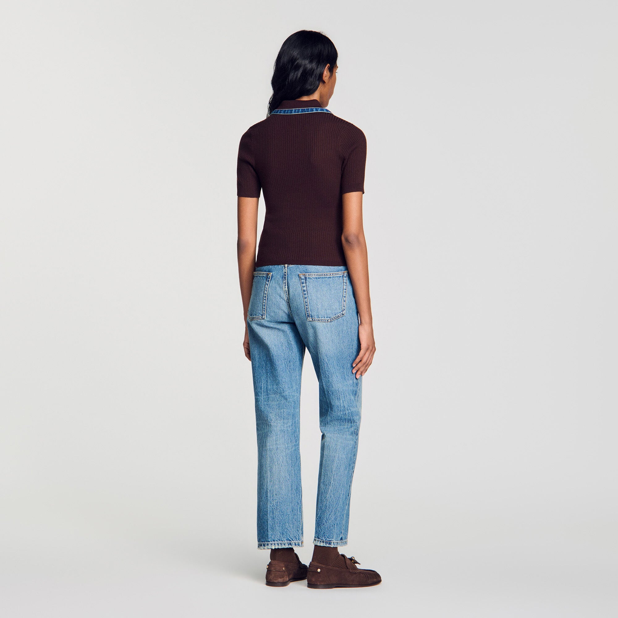Pull polo en maille et col denim