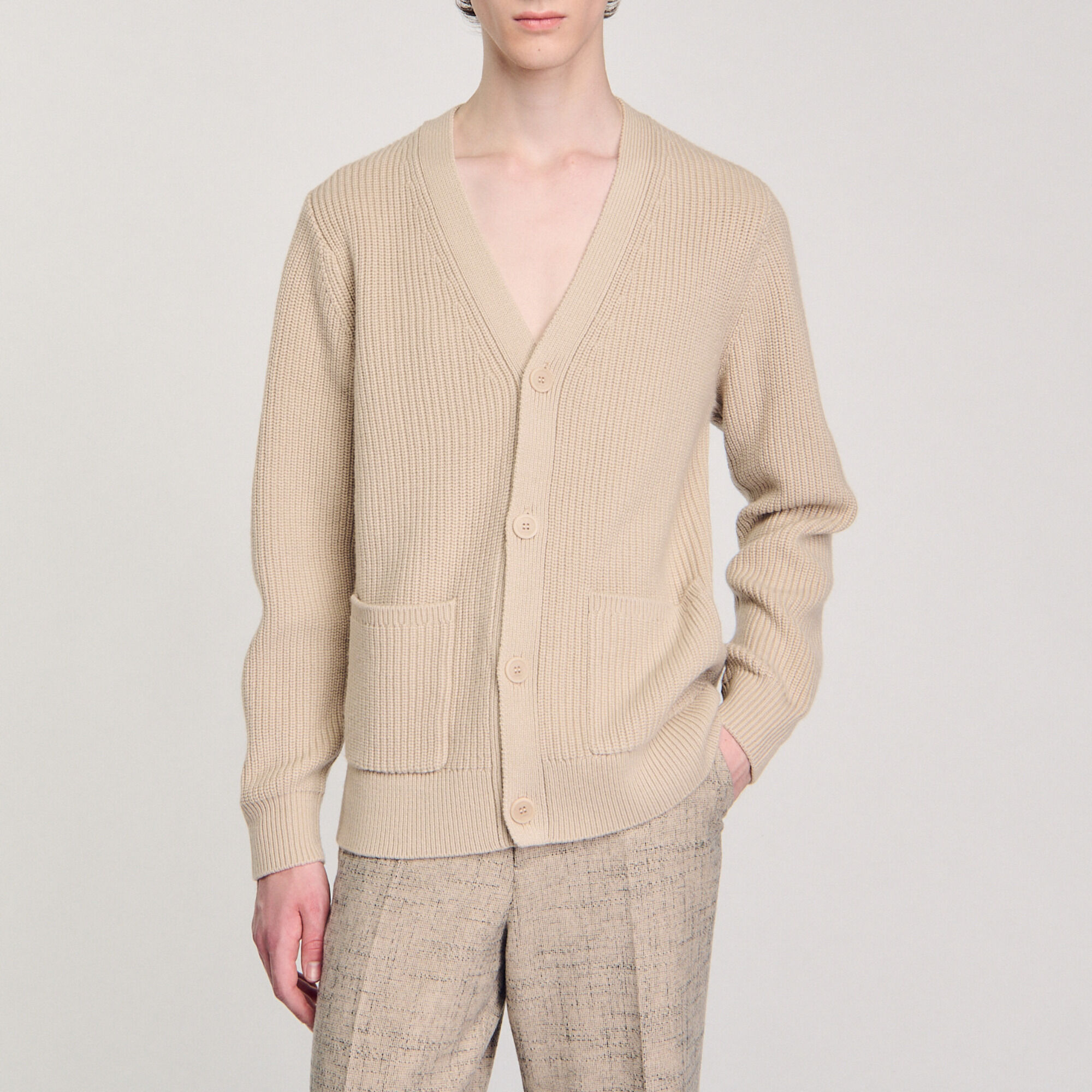 Cardigan en maille c&ocirc;tel&eacute;e - Homme | Sandro Paris