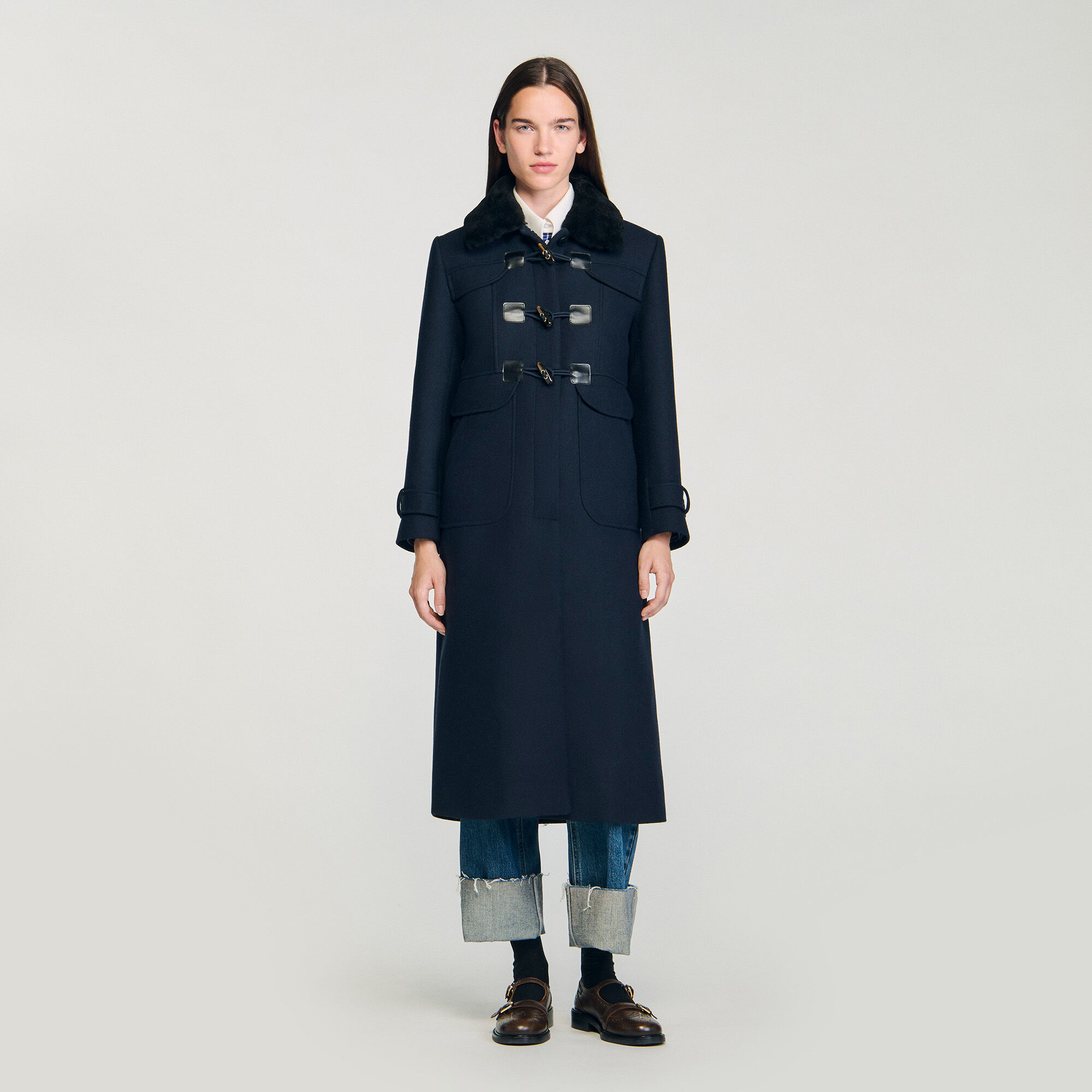 Manteau long avec col en peau lainée