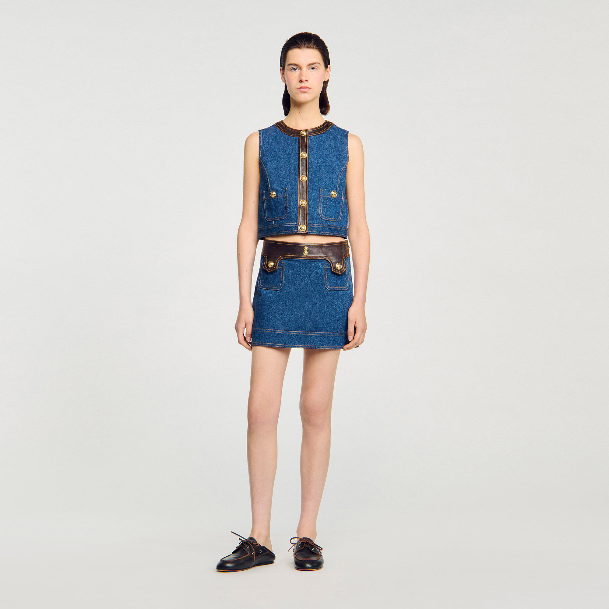 Top en denim et cuir