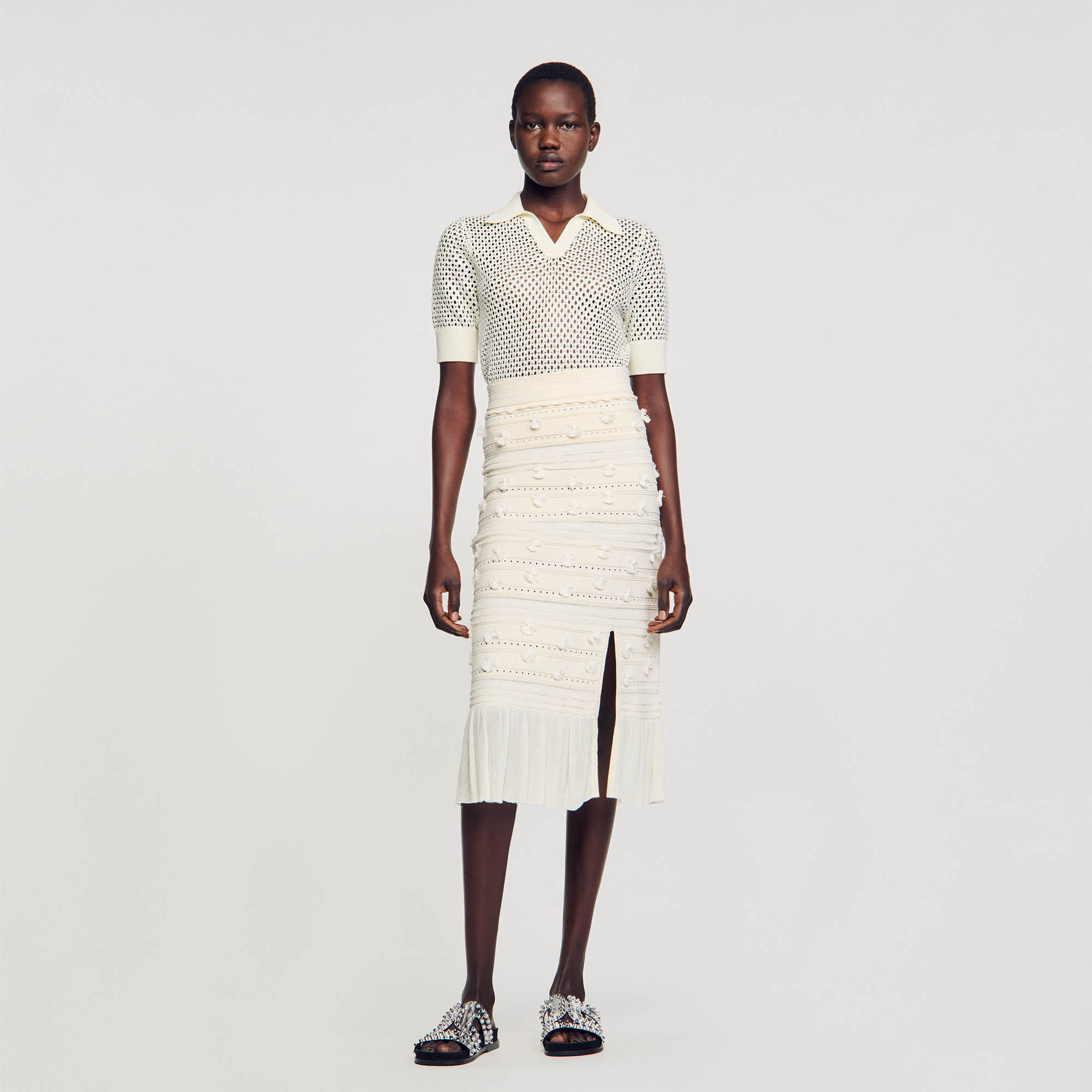 Jupe midi en maille ajouree beige pour femme Sandro Paris