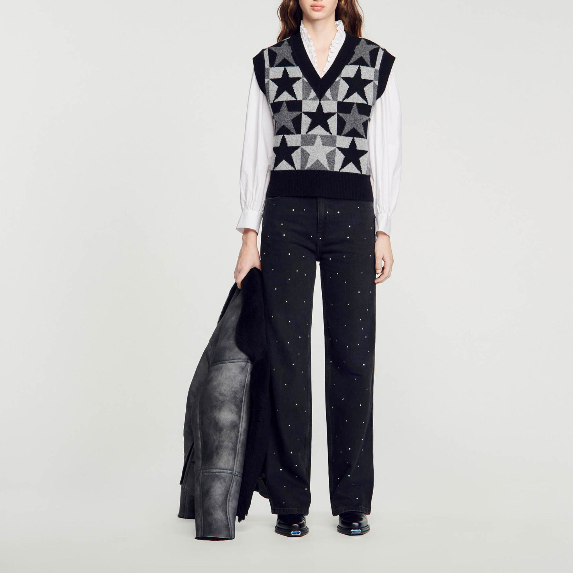Pull jacquard etoile Black Gray Women Sandro Paris