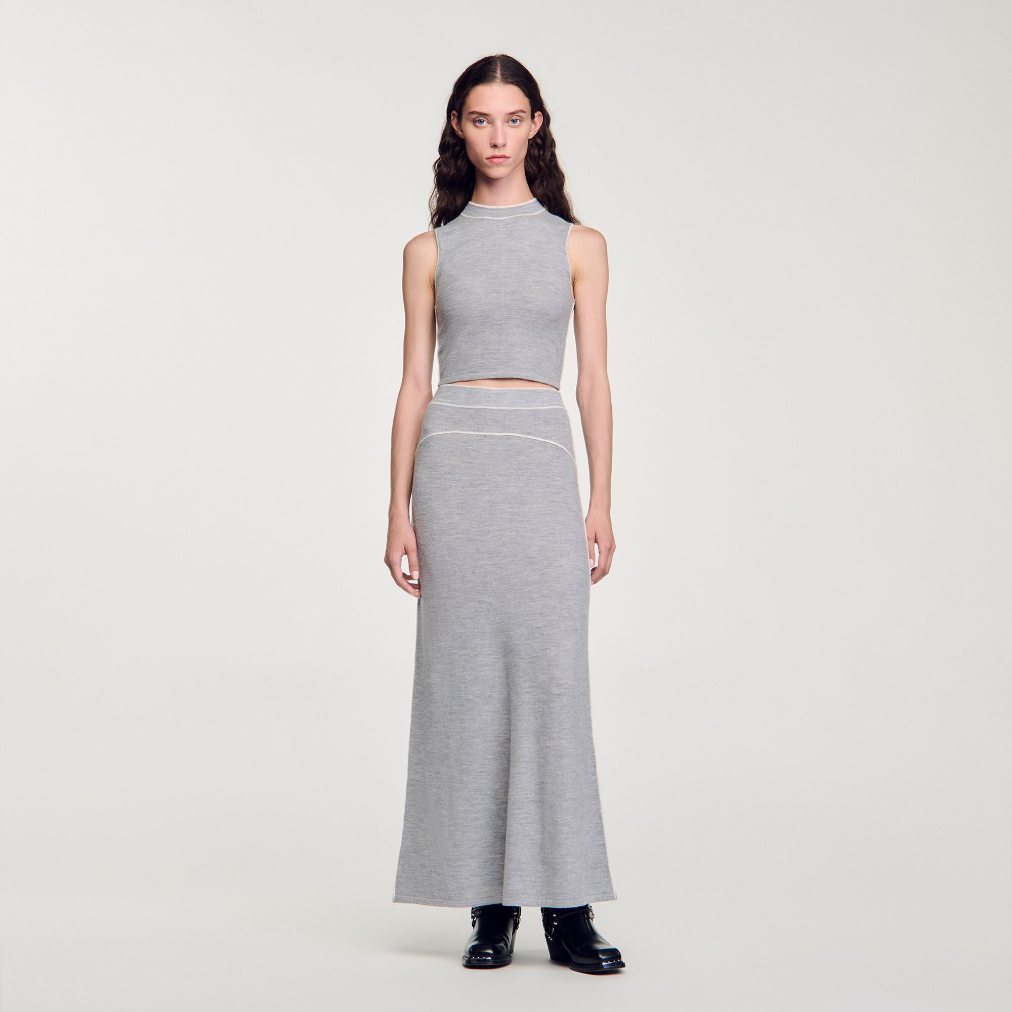 Jupe longue en laine Black Gray Women Sandro Paris