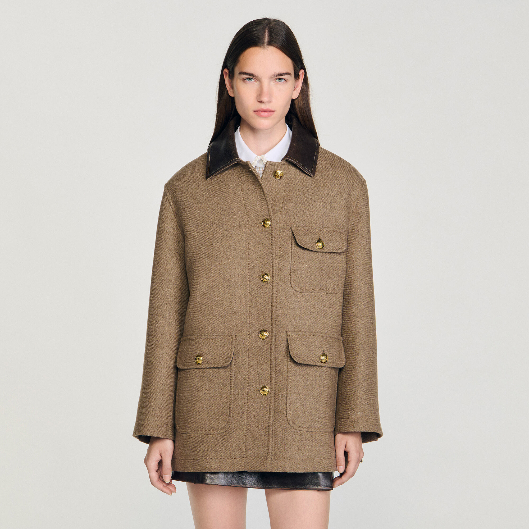 Manteau en tweed à col en cuir