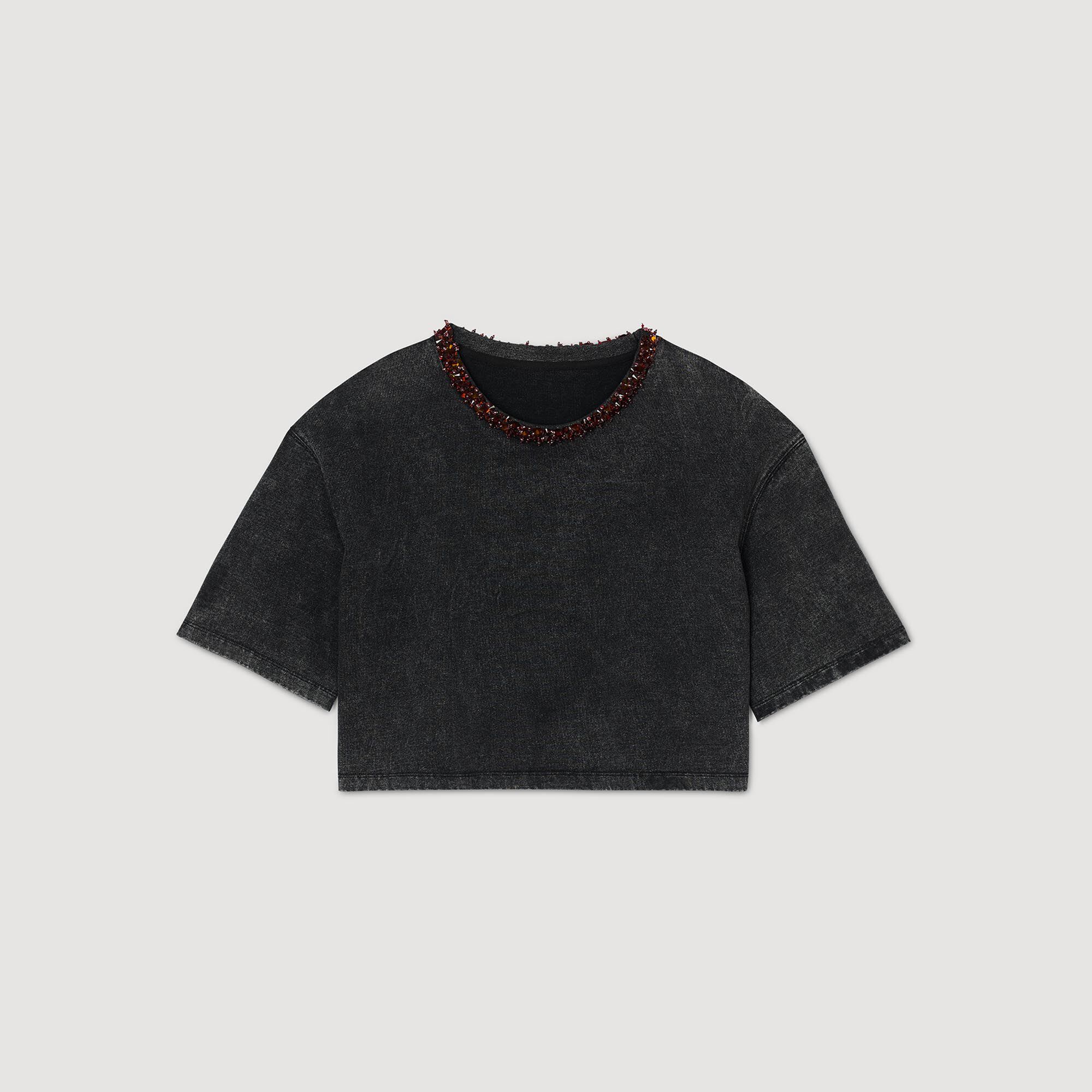 T-shirt court orn&eacute; de perles - Femme | Sandro Paris