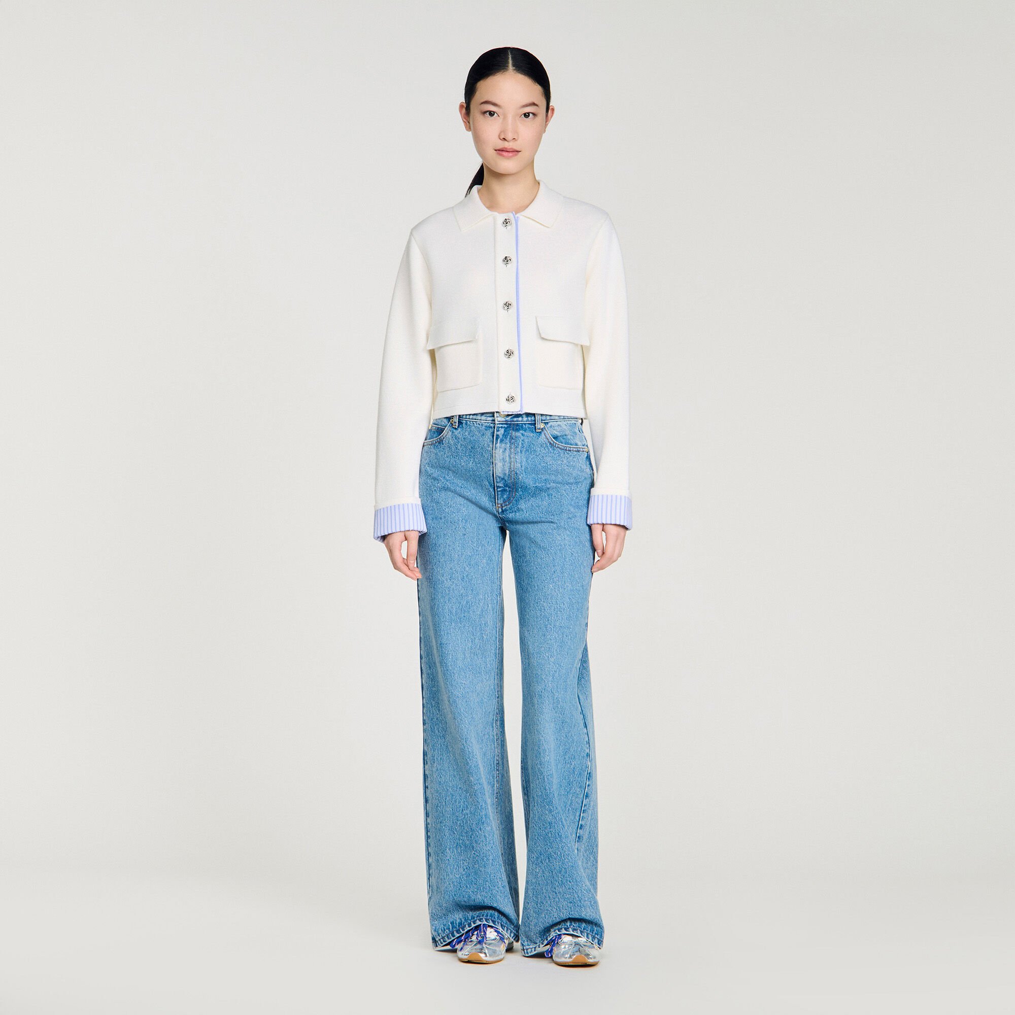 Cardigan col polo d&eacute;tails popeline