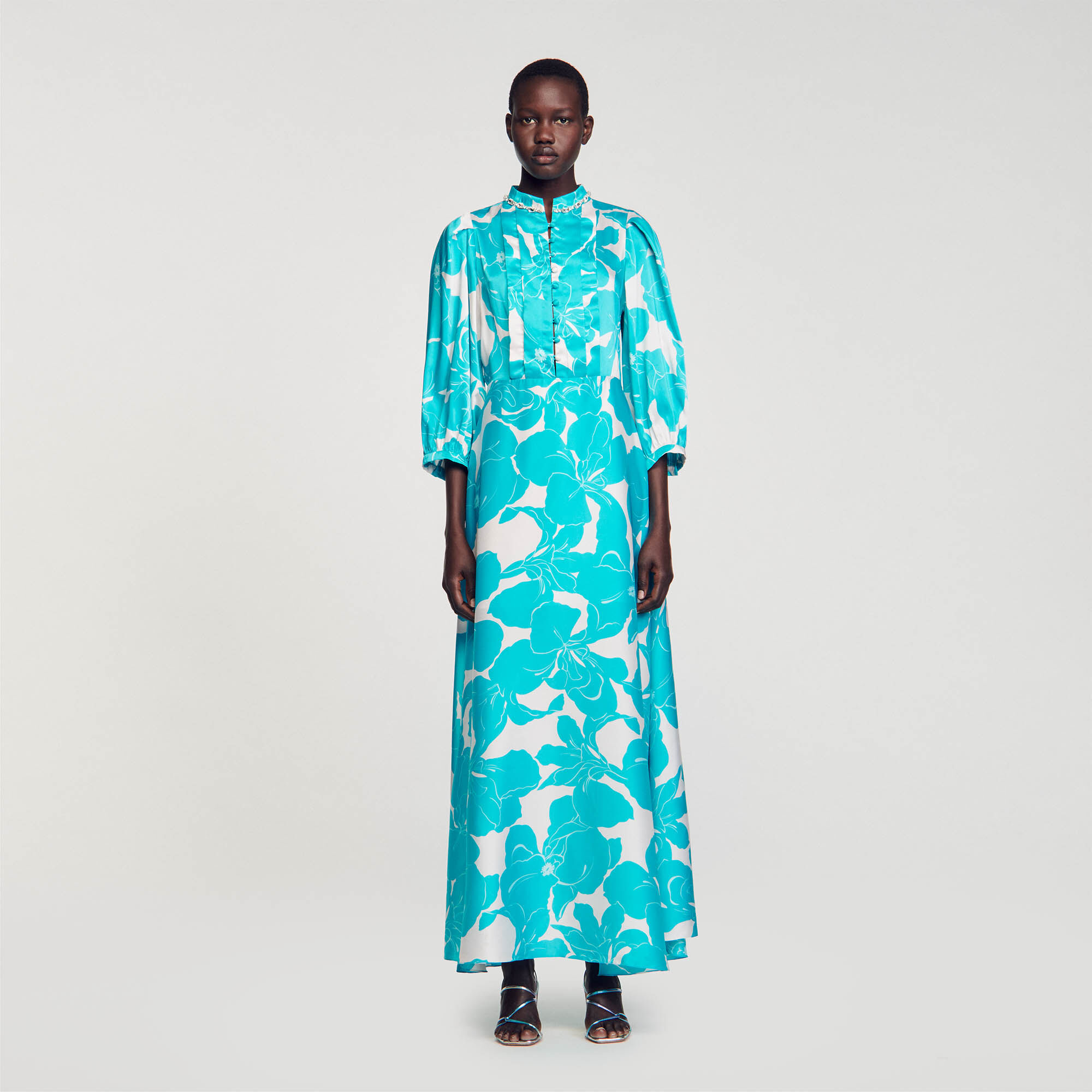 Robe longue fluide a imprime fleuri bleu pour femme Sandro Paris