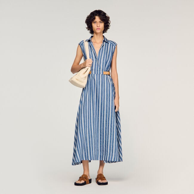 Robe longue &agrave; rayures et patte cuir
