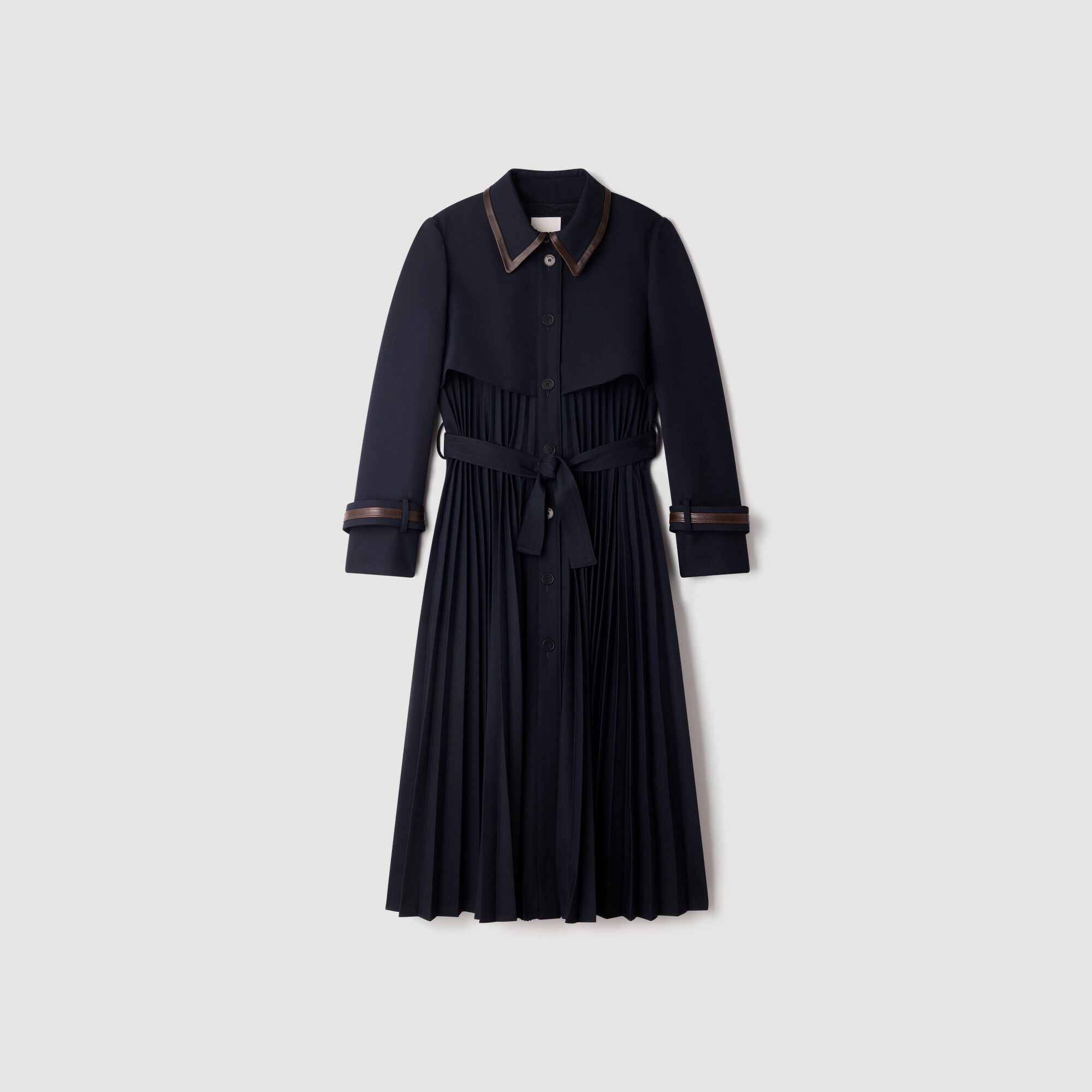 Trench avec col en cuir pliss&eacute; - Femme | Sandro Paris