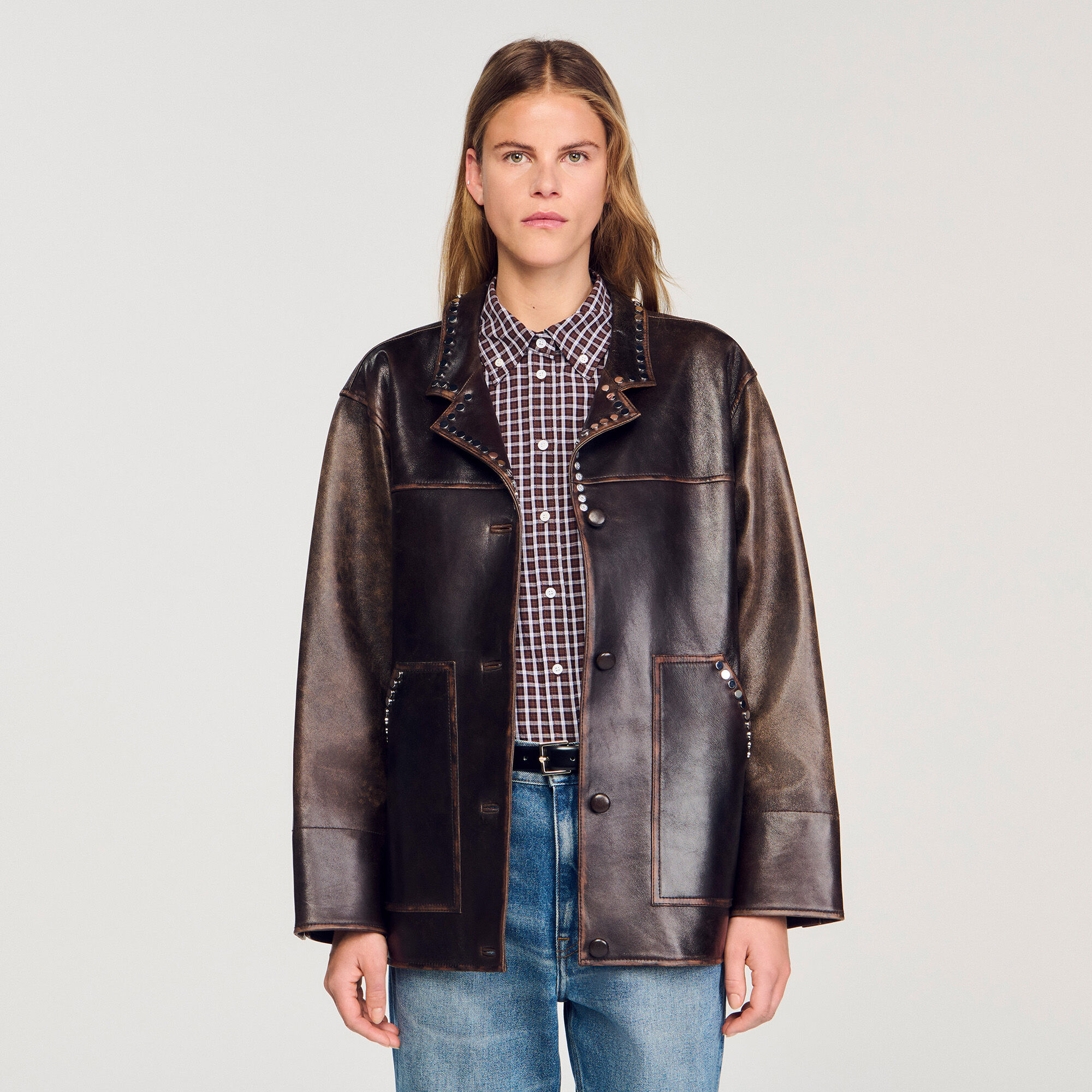 Blouson oversize en cuir à studs