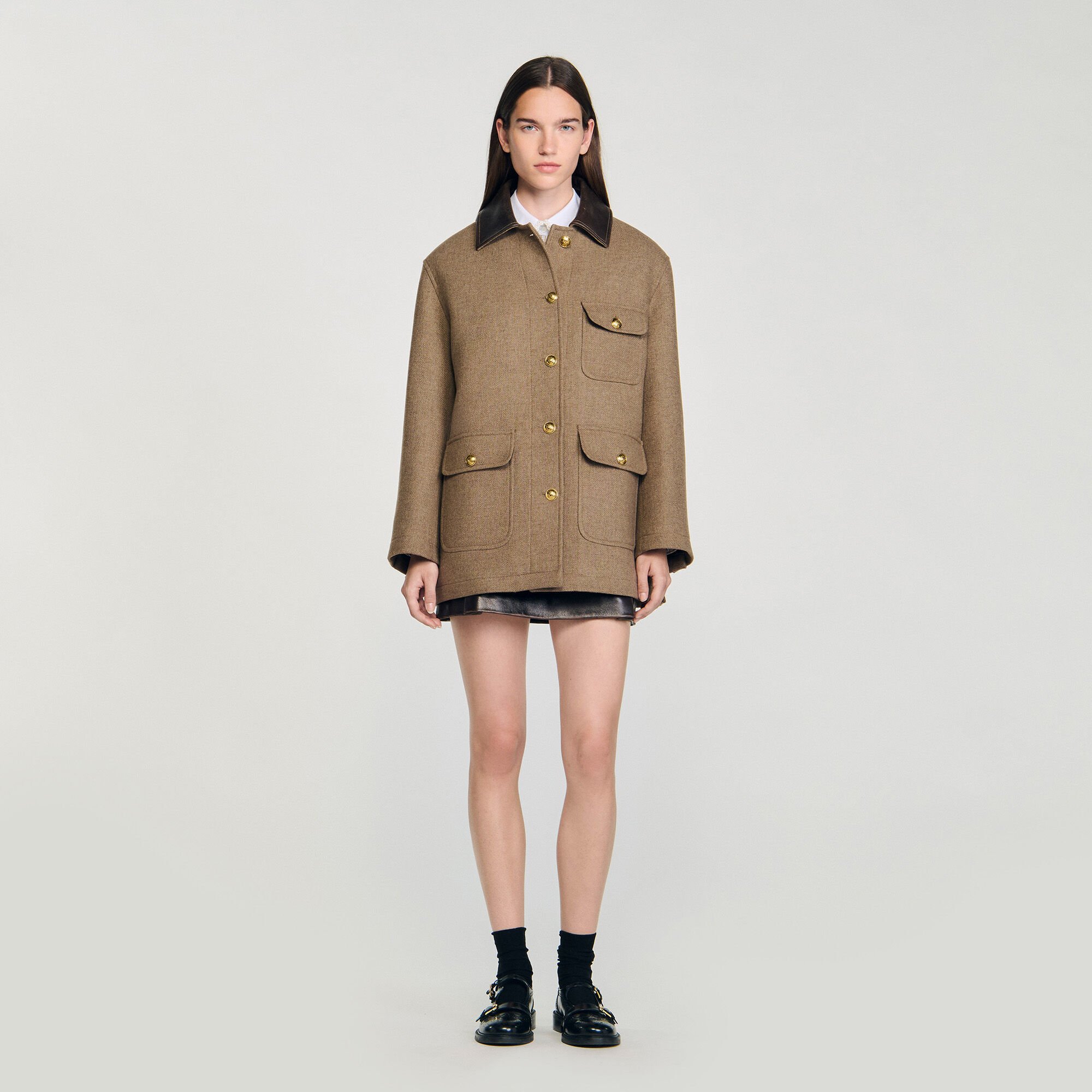 Manteau en tweed à col en cuir