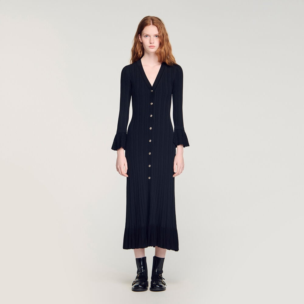 Sandro Robe longue en maille à volant – Noir – vue 2