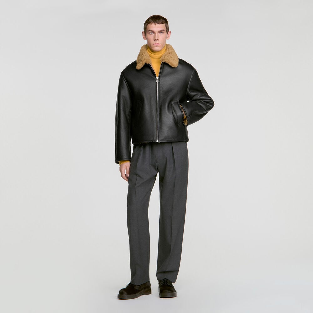 Sandro Blouson en peau lainée – Noir