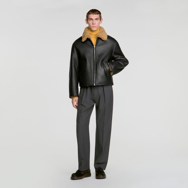 Blouson en peau lain&eacute;e - Homme | Sandro Paris