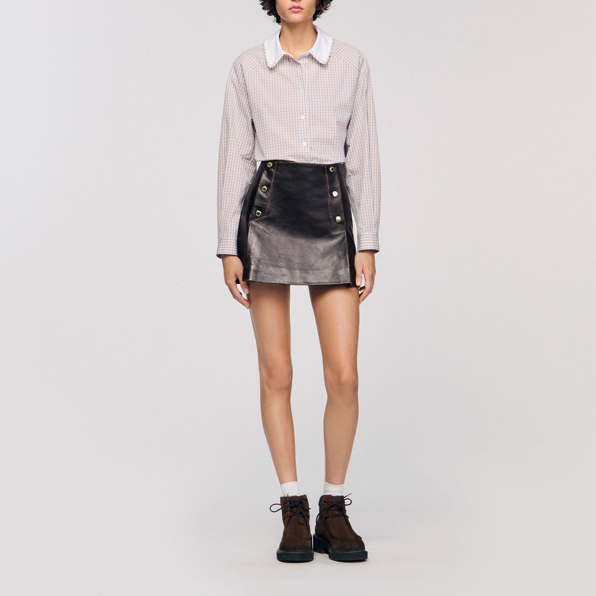 Chemise &agrave; carreaux et col perl&eacute; - Femme | Sandro Paris